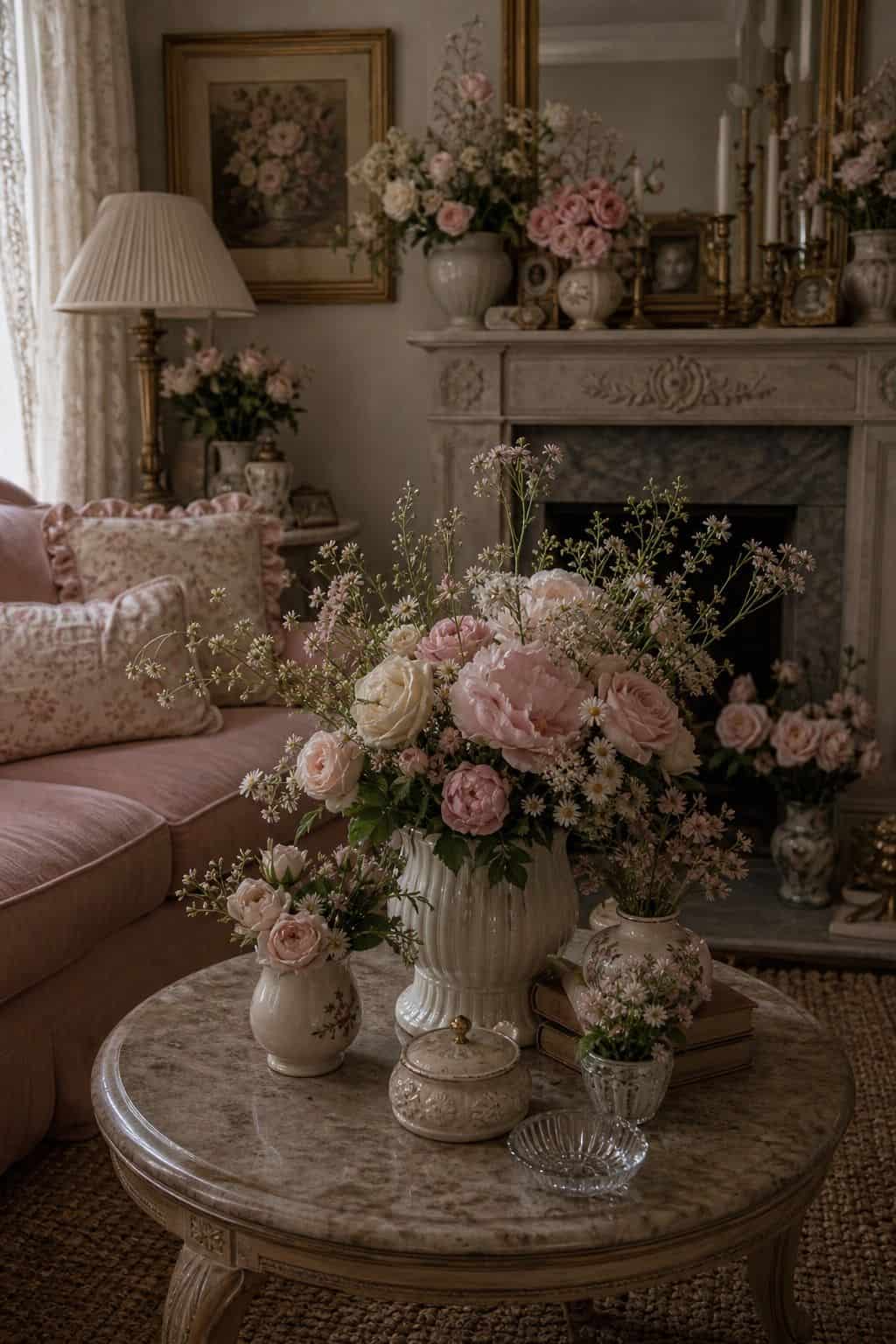 Fresh roses, peonies, and realistic faux stems are arranged in vintage ceramic vases across a coffee table and mantel in a soft coquette living room. The mix brings color, romance, and movement into the space while showing how flowers can feel abundant and feminine without needing a perfect formal bouquet. It gives readers an easy styling formula that works with real flowers, high-quality faux stems, or a mix of both, making the living room feel fresh even between bigger decor changes.