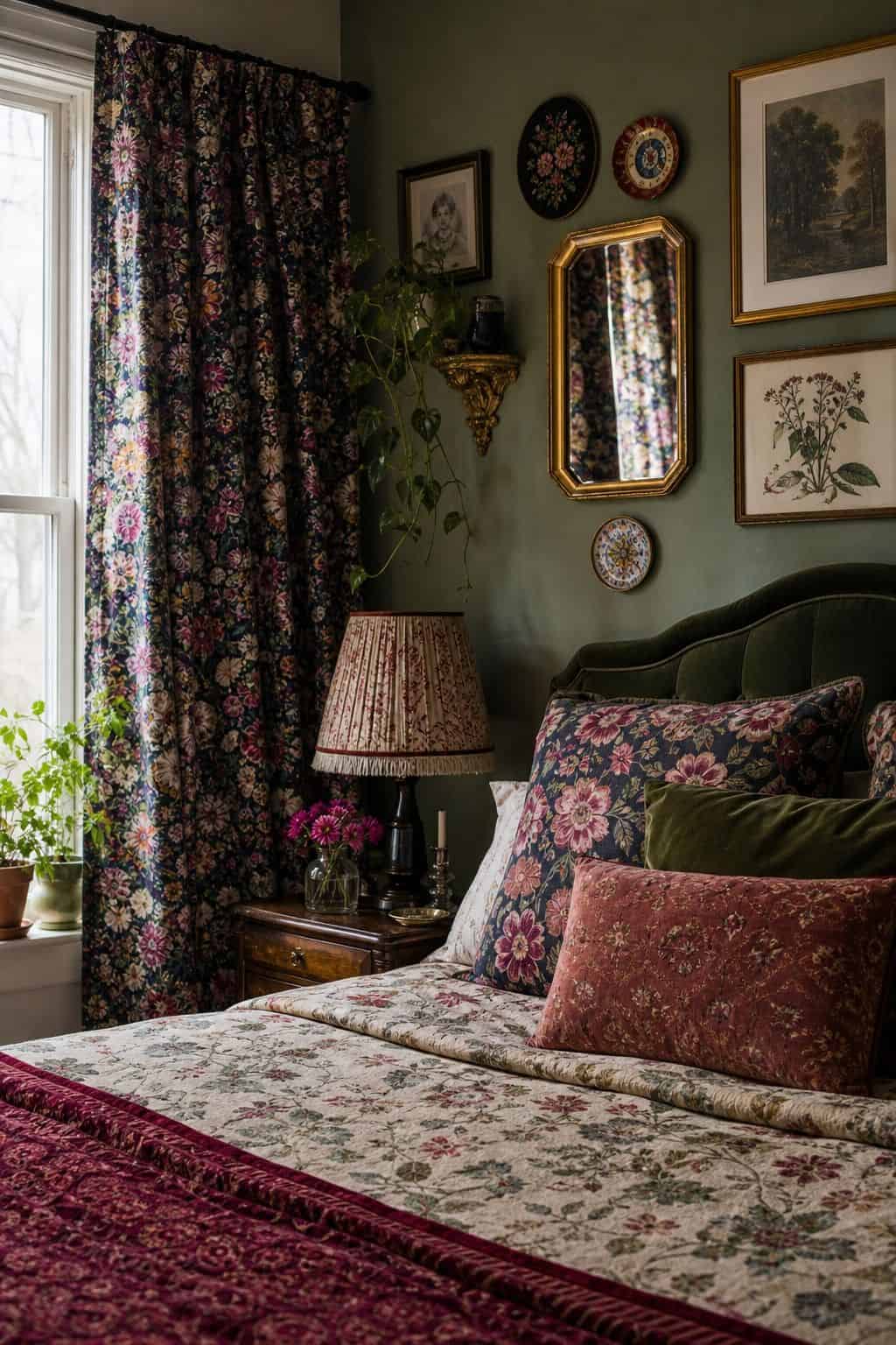 Budget maximalist decor idea showing secondhand patterned curtains in a realistic, lived-in home scene with layered color, vintage texture, and collected pieces that feel affordable rather than showroom perfect. The image supports the post's section 10 by making the cheap styling move look intentional, cozy, and expensive through natural light, tactile materials, and approachable thrifted details.