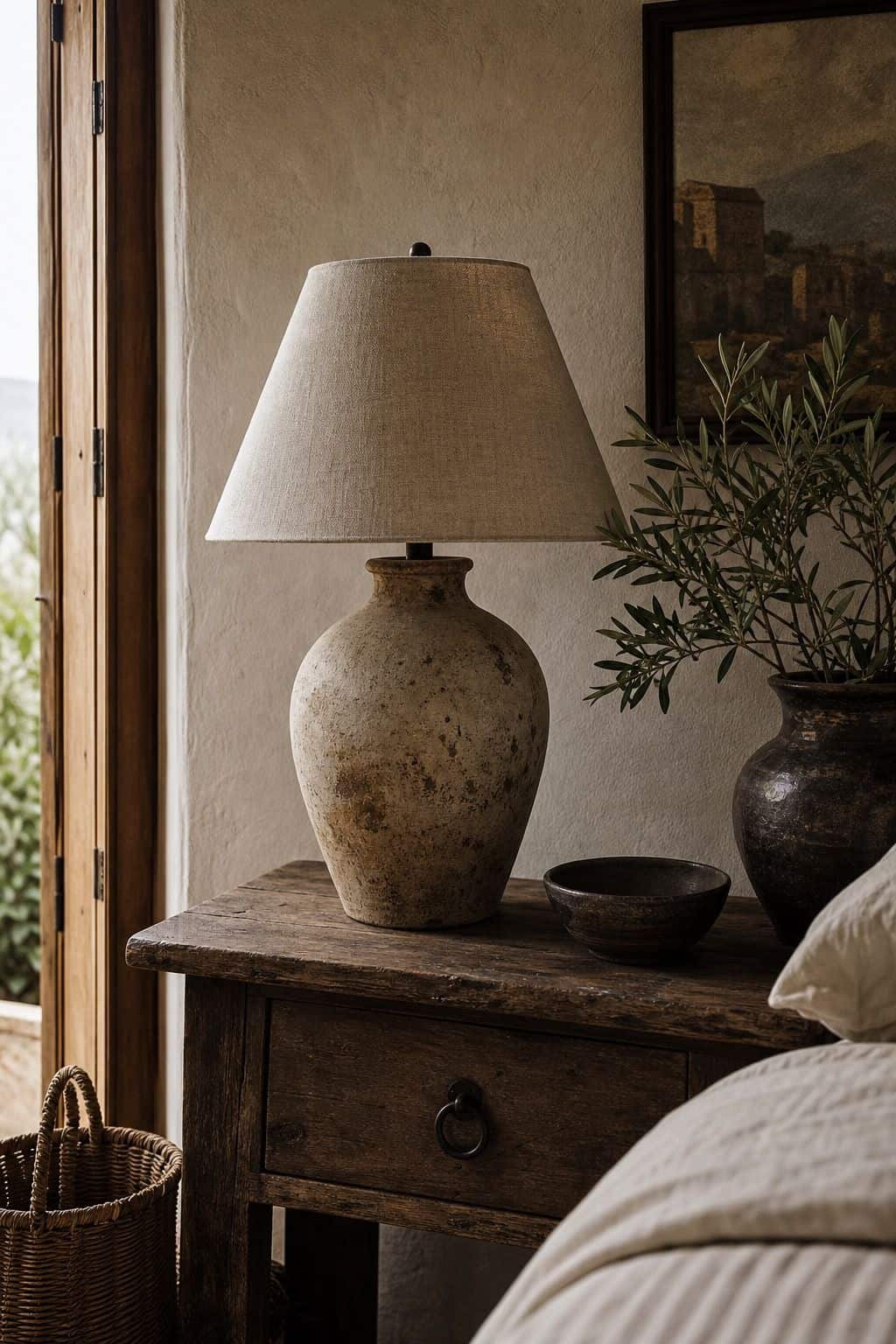Mediterranean furniture inspiration for a ceramic table lamp, styled in a warm sun-washed home with natural textures, aged wood, linen, terracotta, woven details, and soft daylight. This realistic editorial image supports section 11 of the guide with an inviting lived-in look, showing how the piece can bring relaxed coastal European character, handcrafted warmth, and timeless rustic elegance into a modern room.