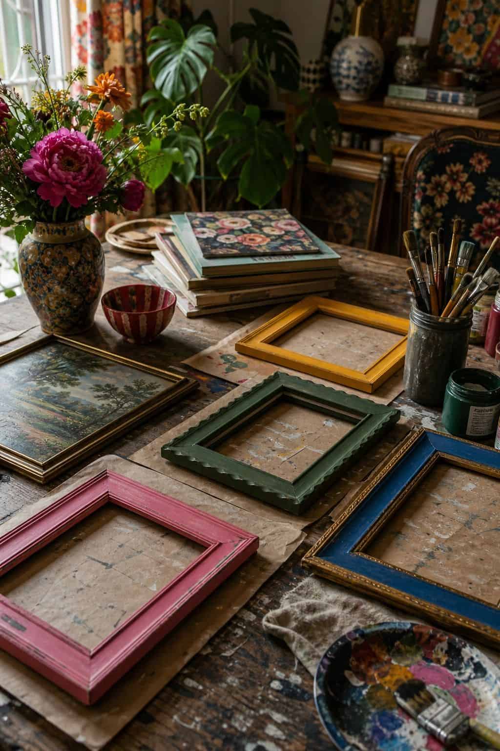 Budget maximalist decor idea showing diy painted frames in a realistic, lived-in home scene with layered color, vintage texture, and collected pieces that feel affordable rather than showroom perfect. The image supports the post's section 11 by making the cheap styling move look intentional, cozy, and expensive through natural light, tactile materials, and approachable thrifted details. It keeps the idea clear, practical, and easy to imagine in a real home.