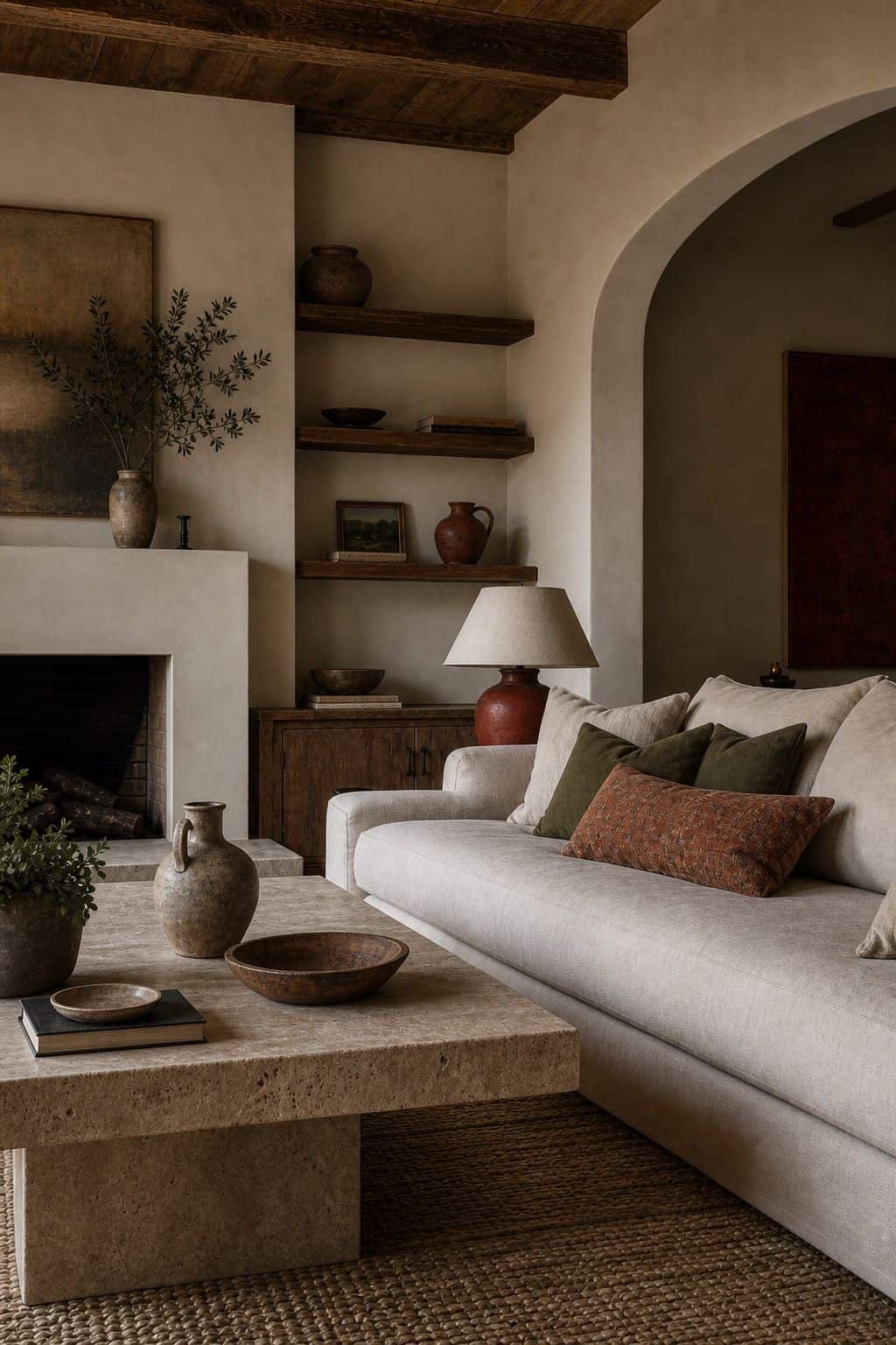 Editorial image for restrained, deliberate color, showing modern Mediterranean interior with warm white plaster, sand linen sofa, muted olive pillows, clay red ceramic lamp, aged wood cabinet, natural rug, and carefully restrained earthy color palette in soft natural daylight with realistic texture and relaxed styling. Save this for architectural greenery, Mediterranean interior design, Mediterranean living room ideas, and zellige tile kitchen inspiration when planning a warm, layered home.