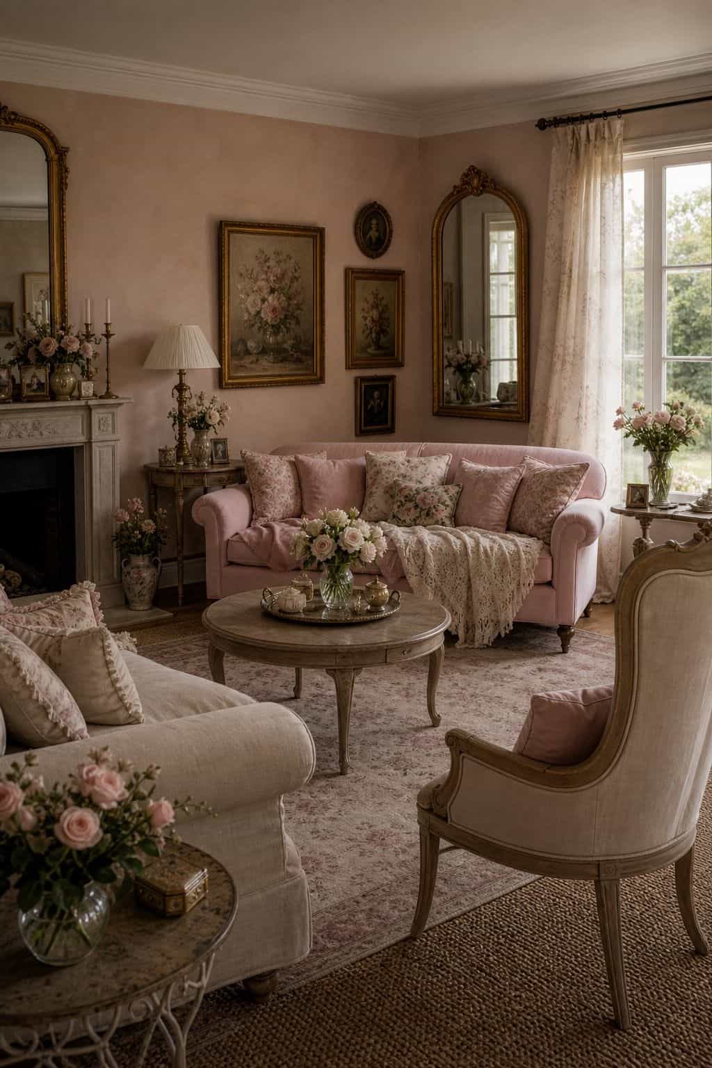 Soft pink walls with a warm cream undertone surround a coquette living room filled with blush seating, floral art, and a gold mirror. The matte wall color creates a gentle romantic backdrop that makes the feminine details feel cohesive while still staying calm enough for everyday living and changing decor. It helps readers compare the impact of wall color with smaller decor choices, showing how a soft backdrop can make bows, florals, lace, and vintage gold accents feel connected.