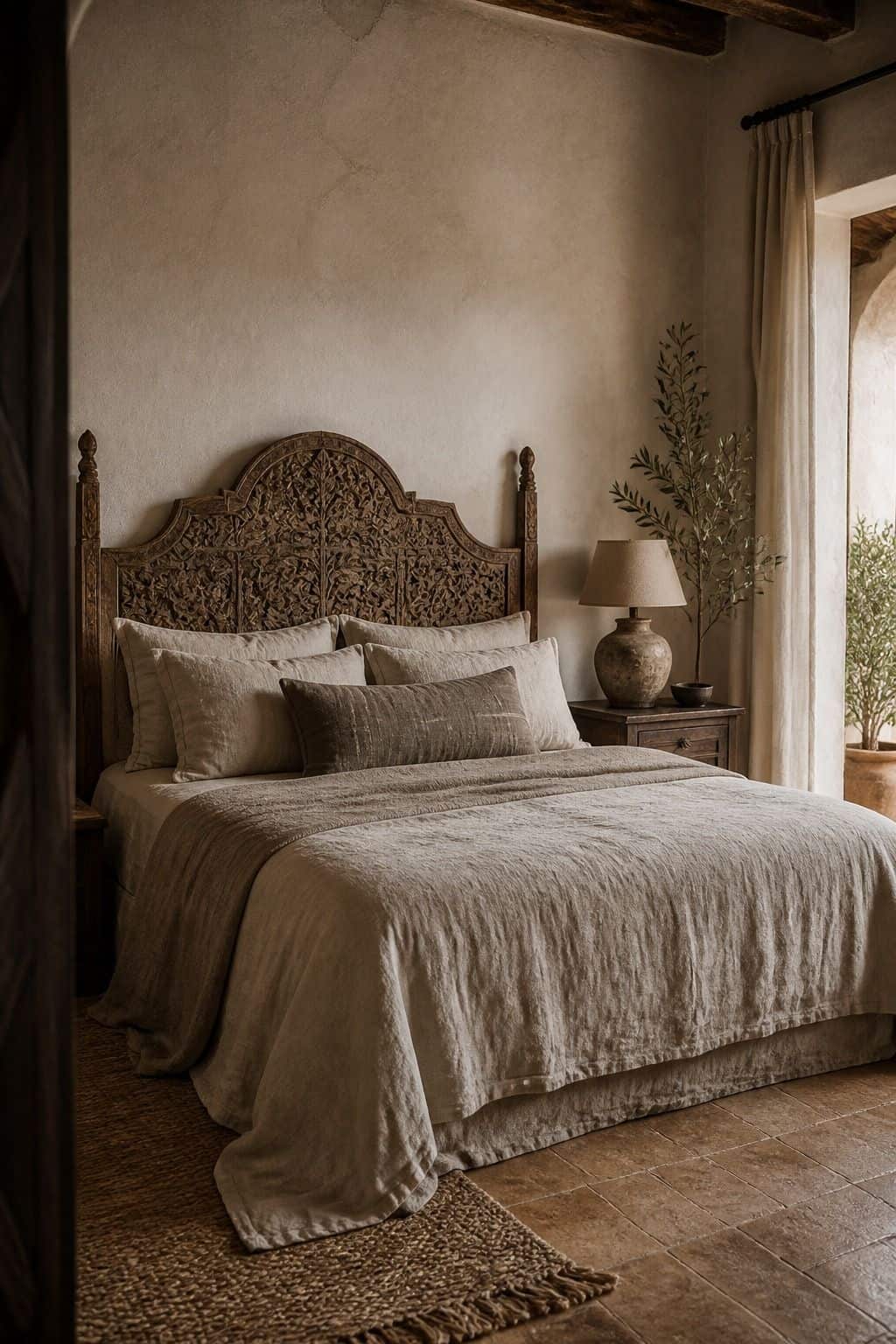 Mediterranean furniture inspiration for a carved headboard, styled in a warm sun-washed home with natural textures, aged wood, linen, terracotta, woven details, and soft daylight. This realistic editorial image supports section 12 of the guide with an inviting lived-in look, showing how the piece can bring relaxed coastal European character, handcrafted warmth, and timeless rustic elegance into a modern room.