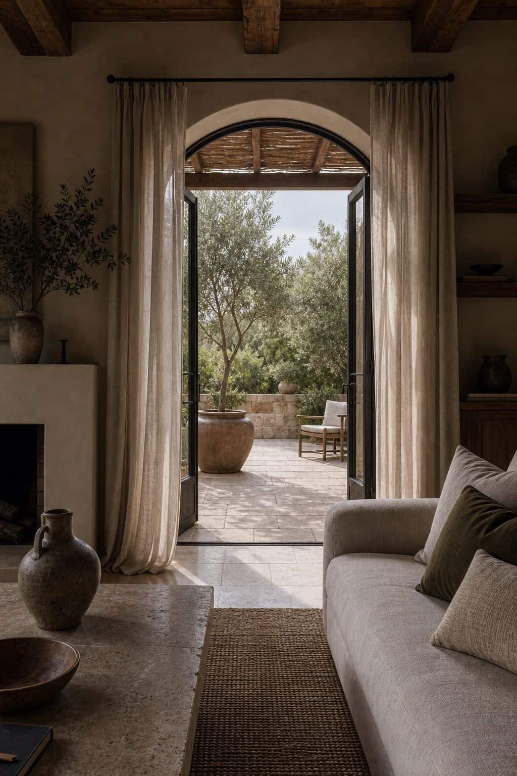 Editorial image for an indoor-outdoor flow, showing modern Mediterranean living space with open arched doors, linen curtains moving slightly, stone threshold, indoor jute rug, outdoor terracotta pots, olive tree, and continuation of plaster and wood materials in soft natural daylight with realistic texture and relaxed styling. Save this for terracotta decor, modern Mediterranean decor ideas, plaster walls interior, and Mediterranean bedroom decor inspiration when planning a warm, layered.