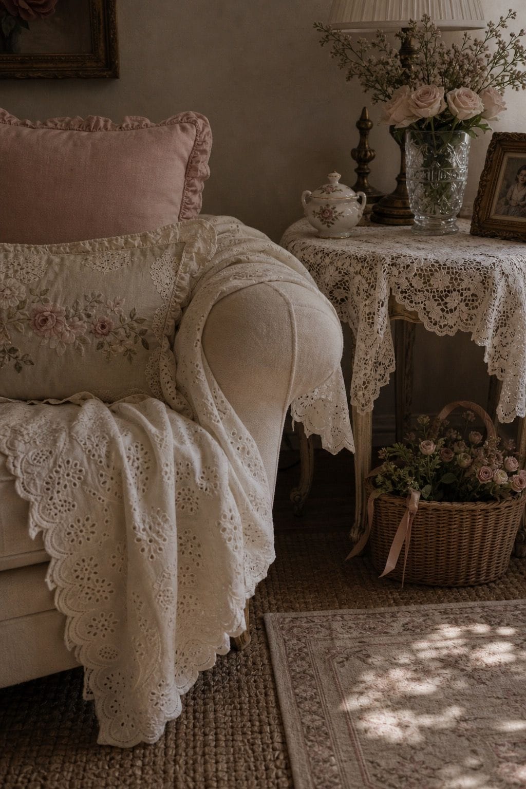 A cream eyelet throw, lace table runner, and embroidered pillow soften a coquette living room corner with blush accents and vintage decor. The close-up texture shows how lace and eyelet fabrics add romance and detail without overwhelming the space, especially when layered with simple upholstery and natural light. It gives readers a close visual example of fabrics they can add through throws, runners, curtains, or pillows without needing major furniture changes.