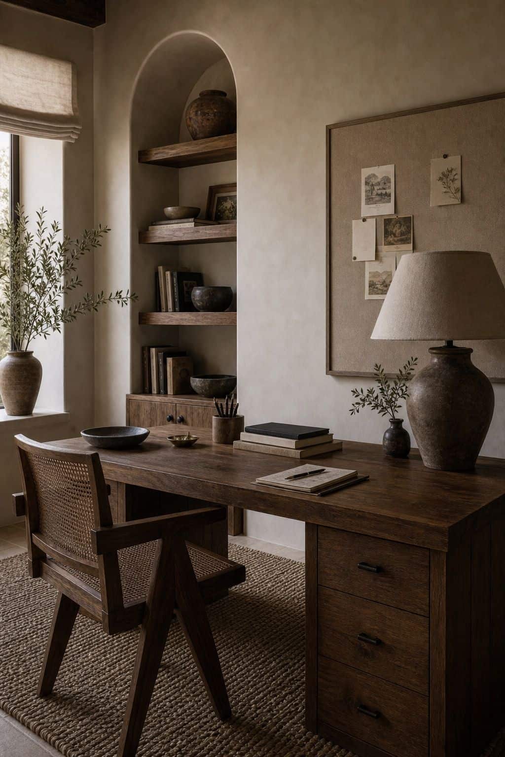 Editorial image for a home office with warm calm, showing modern Mediterranean home office with plaster walls, warm wood desk, cane chair, arched built-in shelves, ceramic lamp, linen pinboard, woven rug, and uncluttered styling in soft natural daylight with realistic texture and relaxed styling. Save this for modern Mediterranean home decor, warm neutral home decor, travertine decor, and indoor outdoor living ideas inspiration when planning a warm, layered home that feels polished, livable,.