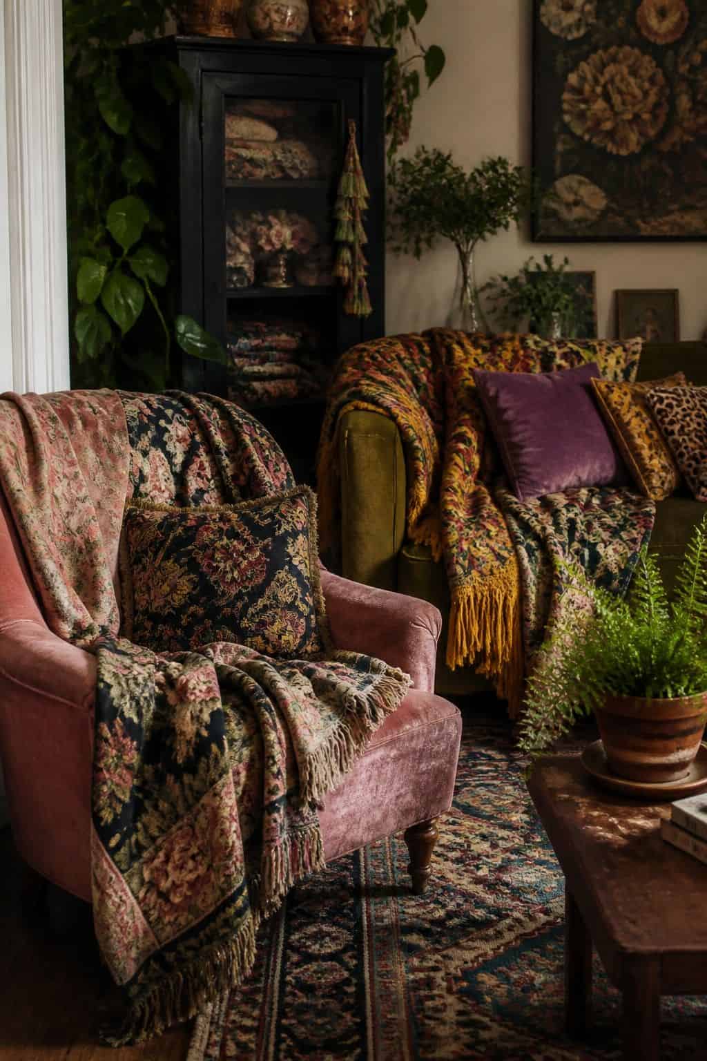 Budget maximalist decor idea showing fabric remnants as throws in a realistic, lived-in home scene with layered color, vintage texture, and collected pieces that feel affordable rather than showroom perfect. The image supports the post's section 13 by making the cheap styling move look intentional, cozy, and expensive through natural light, tactile materials, and approachable thrifted details. It keeps the idea clear, practical, and easy to imagine in a real home.