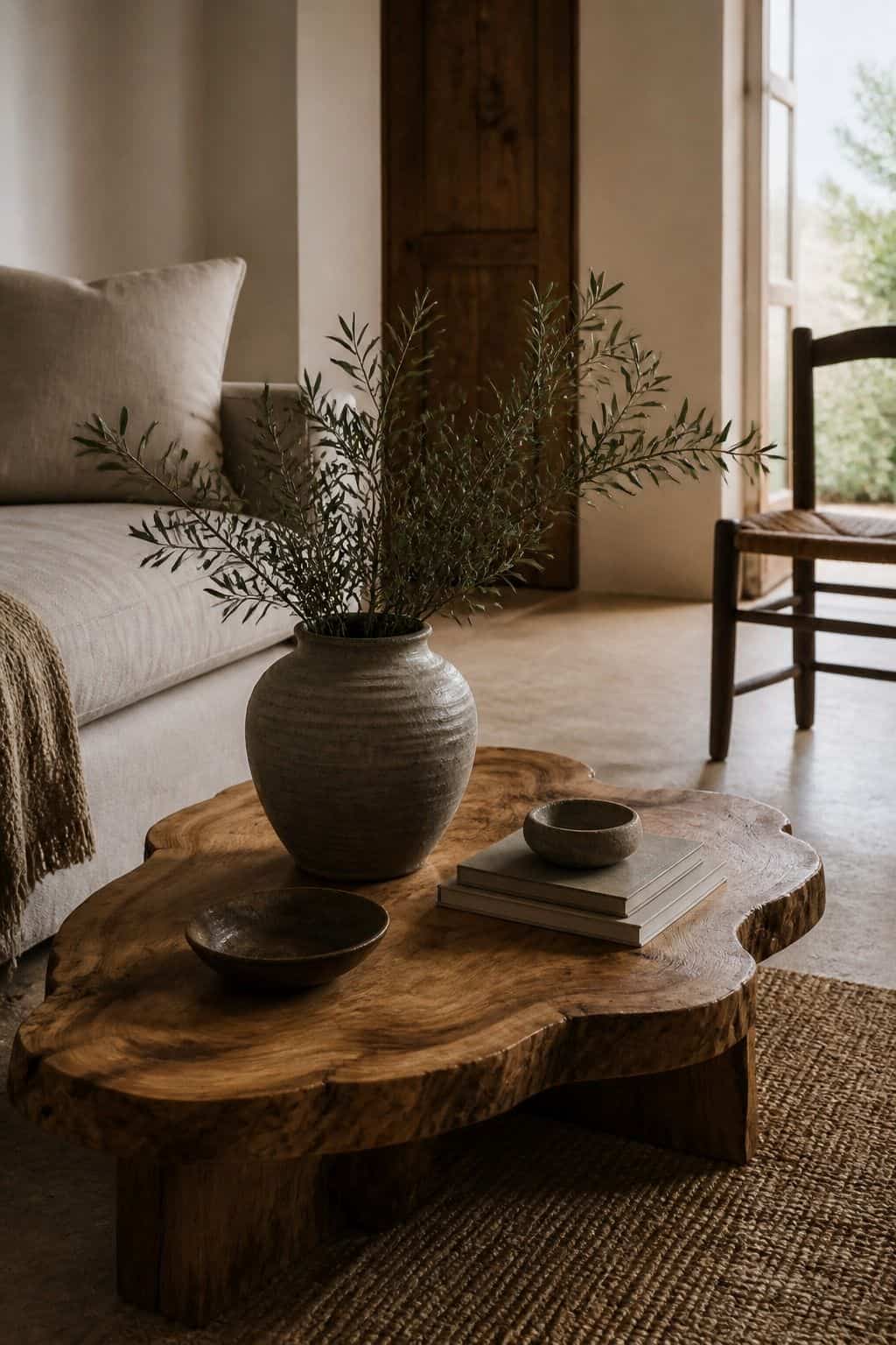 Mediterranean furniture inspiration for olive-wood and live-edge accents, styled in a warm sun-washed home with natural textures, aged wood, linen, terracotta, woven details, and soft daylight. This realistic editorial image supports section 13 of the guide with an inviting lived-in look, showing how the piece can bring relaxed coastal European character, handcrafted warmth, and timeless rustic elegance into a modern room.