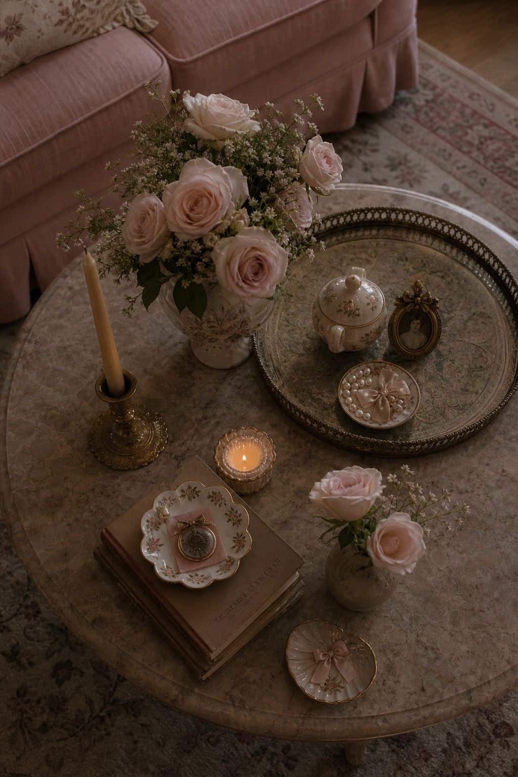 A vintage tray, roses, candle, antique books, and a scalloped dish are arranged on a coffee table in a soft coquette living room. The styling feels romantic but practical, with enough open space to use the table while still creating a pretty focal point that repeats the room's blush, cream, and brass details. It helps readers recreate a layered tabletop using pieces they may already own, such as books, trays, candles, flowers, and small dishes, while keeping the surface balanced and usable.