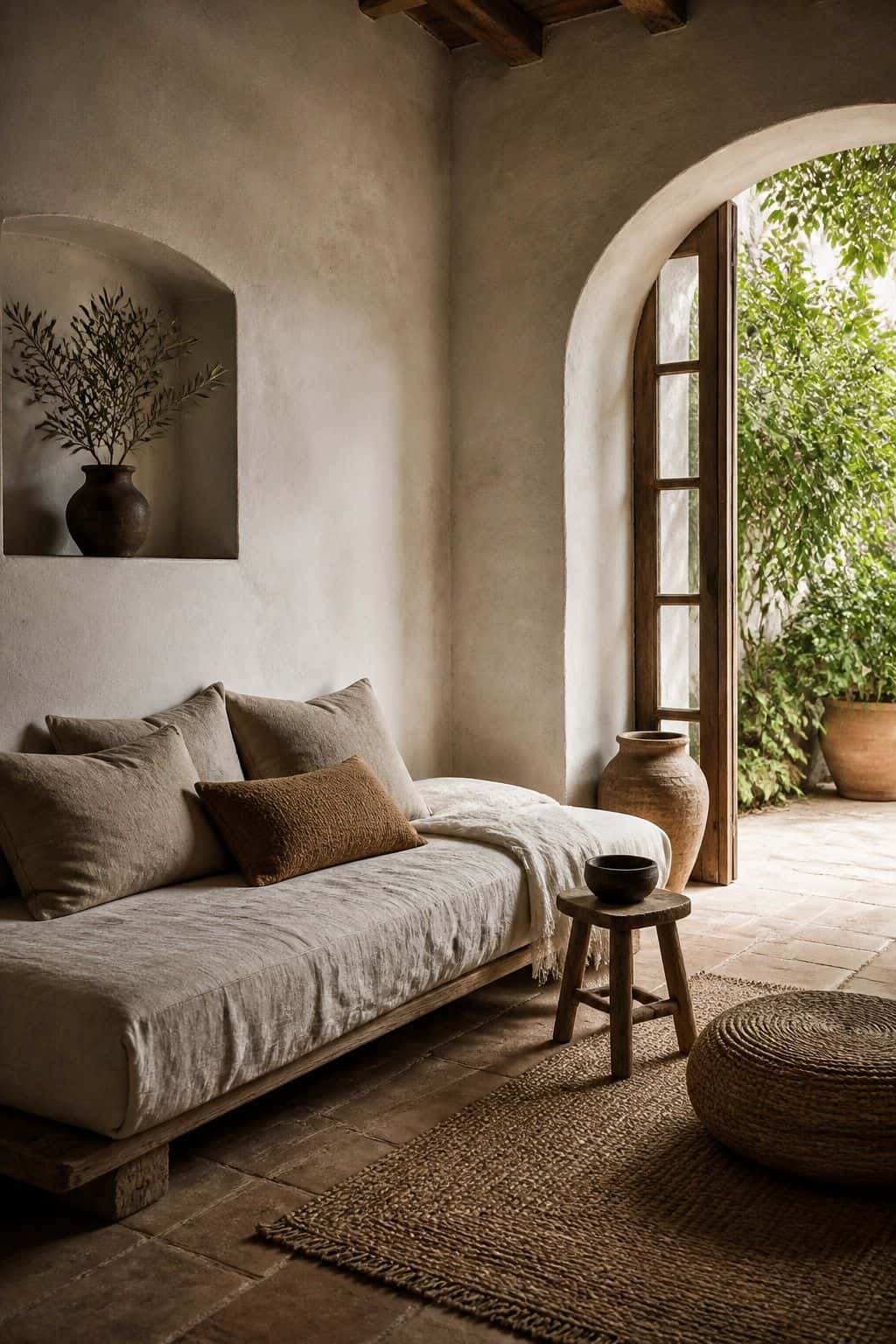 Mediterranean furniture inspiration for a daybed or low lounge, styled in a warm sun-washed home with natural textures, aged wood, linen, terracotta, woven details, and soft daylight. This realistic editorial image supports section 14 of the guide with an inviting lived-in look, showing how the piece can bring relaxed coastal European character, handcrafted warmth, and timeless rustic elegance into a modern room.