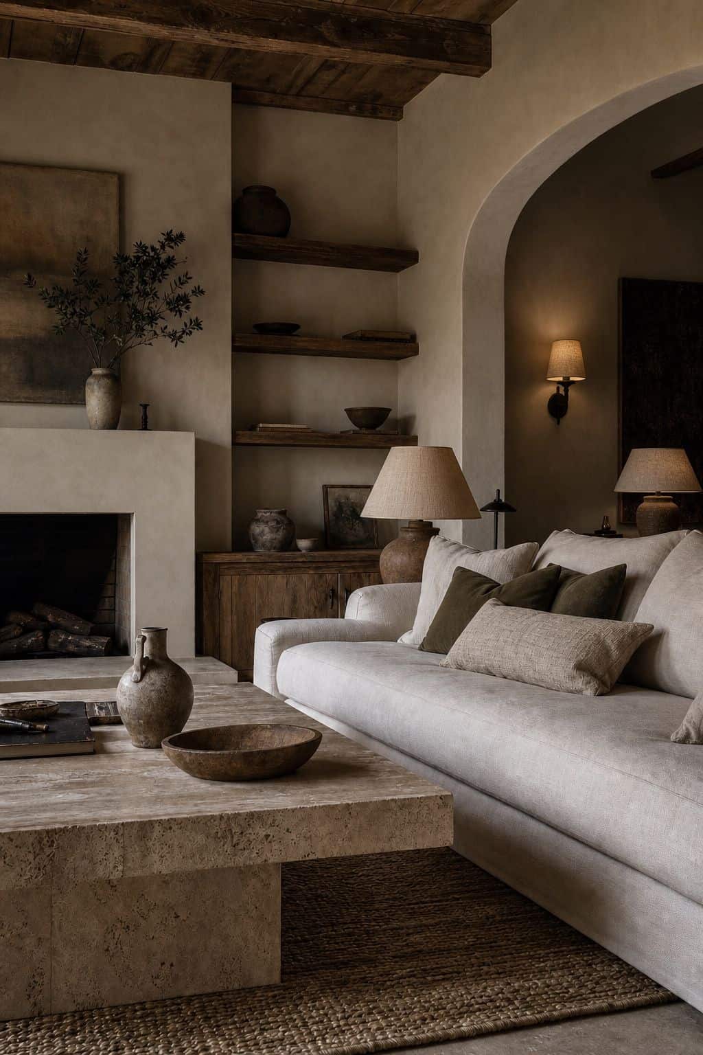 Editorial image for layered warm lighting everywhere, showing modern Mediterranean living room showing layered warm lighting fixtures, plaster sconces, ceramic table lamp, black iron floor lamp, linen shade, textured walls, and calm seating arrangement in soft natural daylight with realistic texture and relaxed styling. Save this for Mediterranean interior design, Mediterranean living room ideas, zellige tile kitchen, and architectural greenery inspiration when planning a warm, layered home.