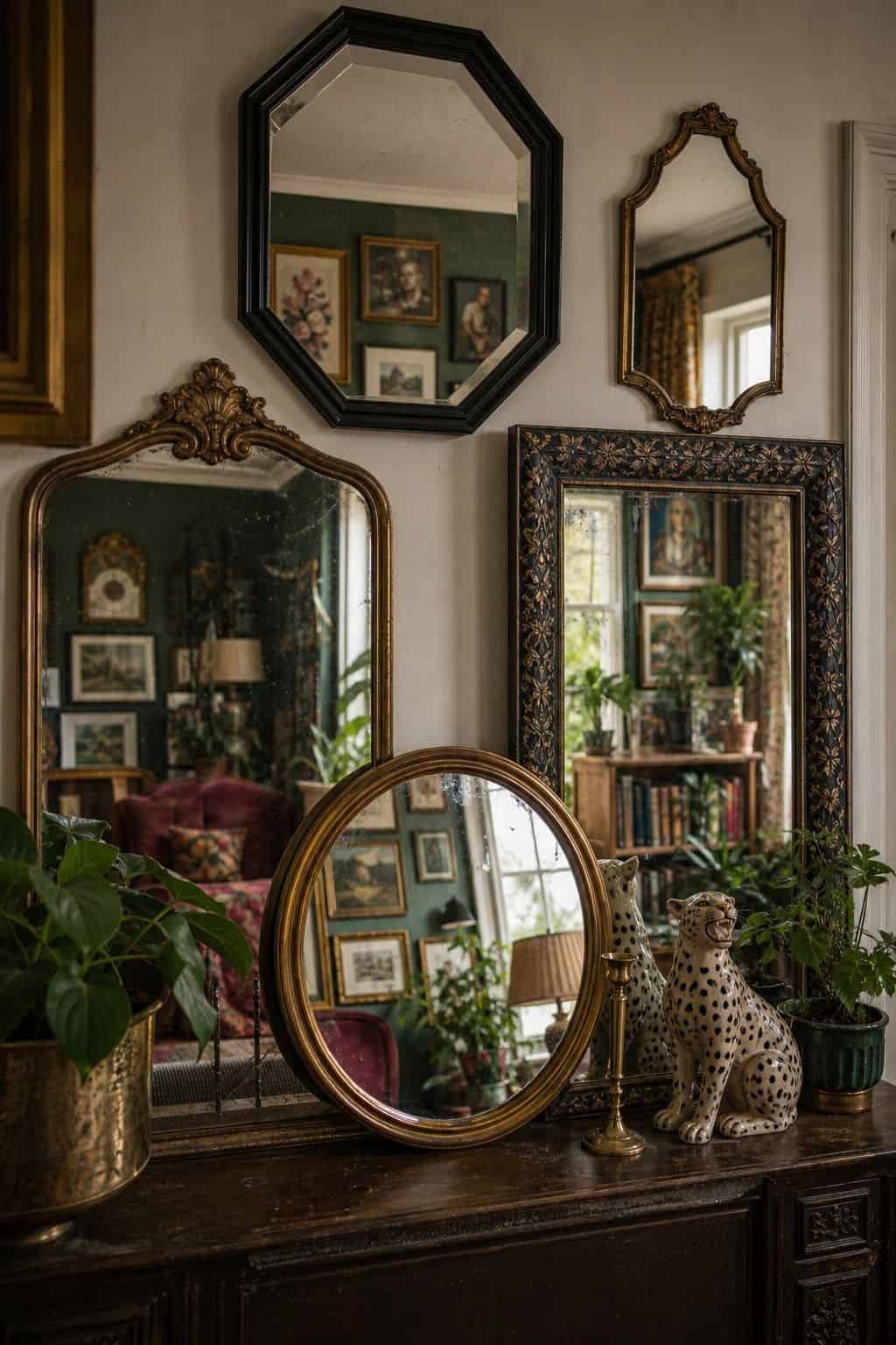 Budget maximalist decor idea showing thrifted mirrors in a realistic, lived-in home scene with layered color, vintage texture, and collected pieces that feel affordable rather than showroom perfect. The image supports the post's section 14 by making the cheap styling move look intentional, cozy, and expensive through natural light, tactile materials, and approachable thrifted details. It keeps the idea clear, practical, and easy to imagine in a real home.
