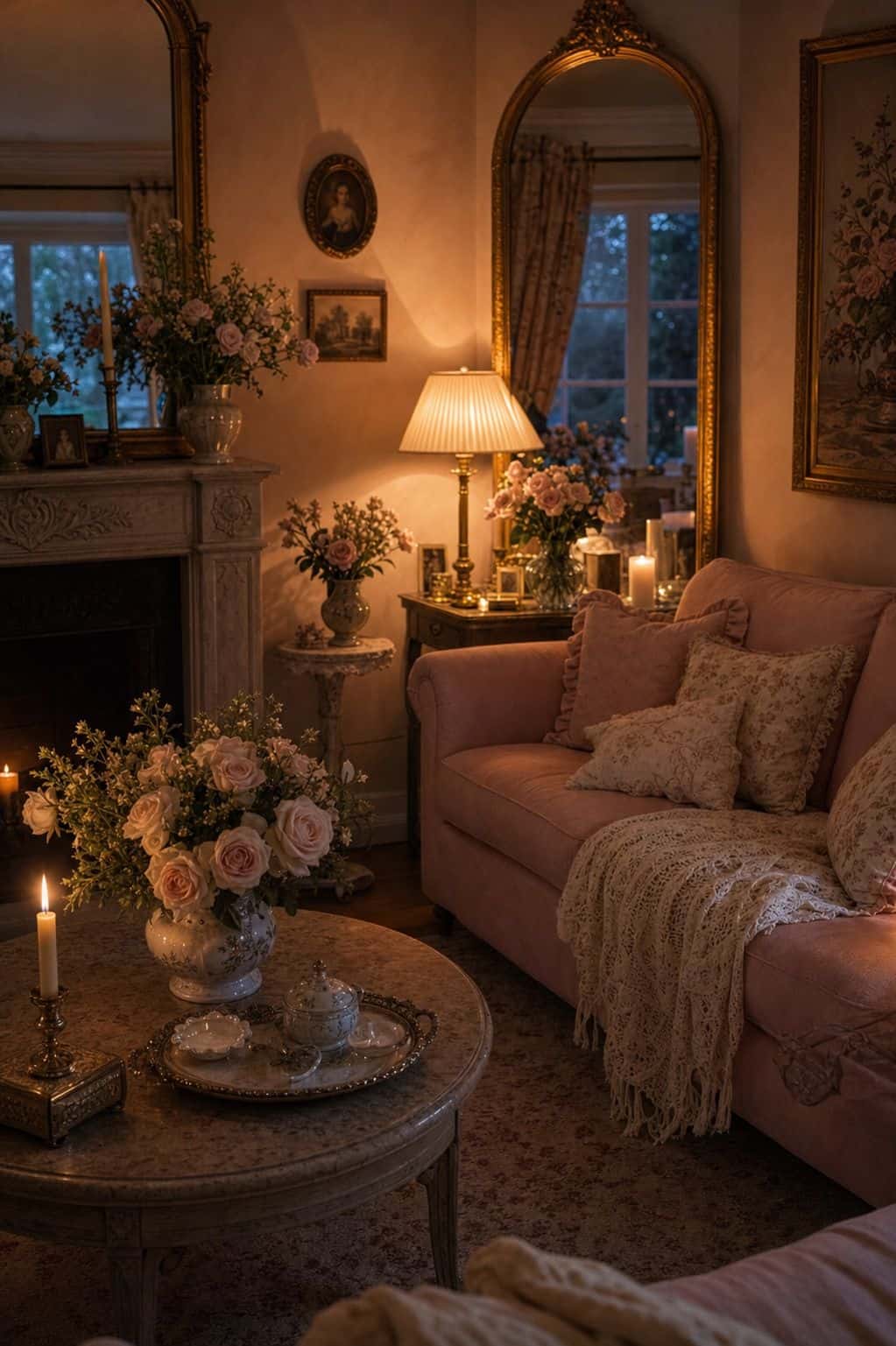 Warm table lamps and candles glow softly around a blush coquette living room with a gold mirror, floral accents, and layered fabrics. The lighting creates a romantic evening mood without harsh brightness, showing how small lamps, fabric shades, and candlelight can make a feminine living room feel cozy and flattering. It gives readers a clear mood-setting idea for evenings, when coquette decor looks best with gentle pools of light instead of one harsh overhead fixture flattening the room.