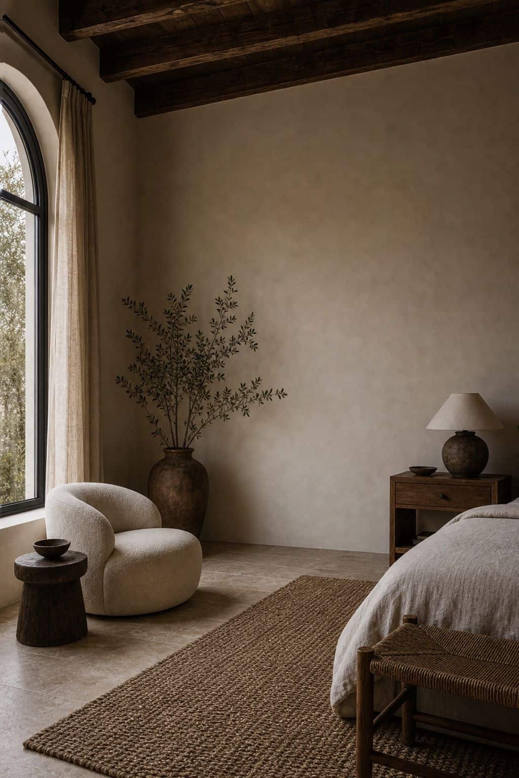 Editorial image for negative space in every room, showing modern Mediterranean bedroom sitting area with a single sculptural chair, low wood stool, large blank plaster wall, woven rug, olive branch vase, and generous uncluttered negative space in soft natural daylight with realistic texture and relaxed styling. Save this for modern Mediterranean decor ideas, plaster walls interior, Mediterranean bedroom decor, and terracotta decor inspiration when planning a warm, layered home that feels.
