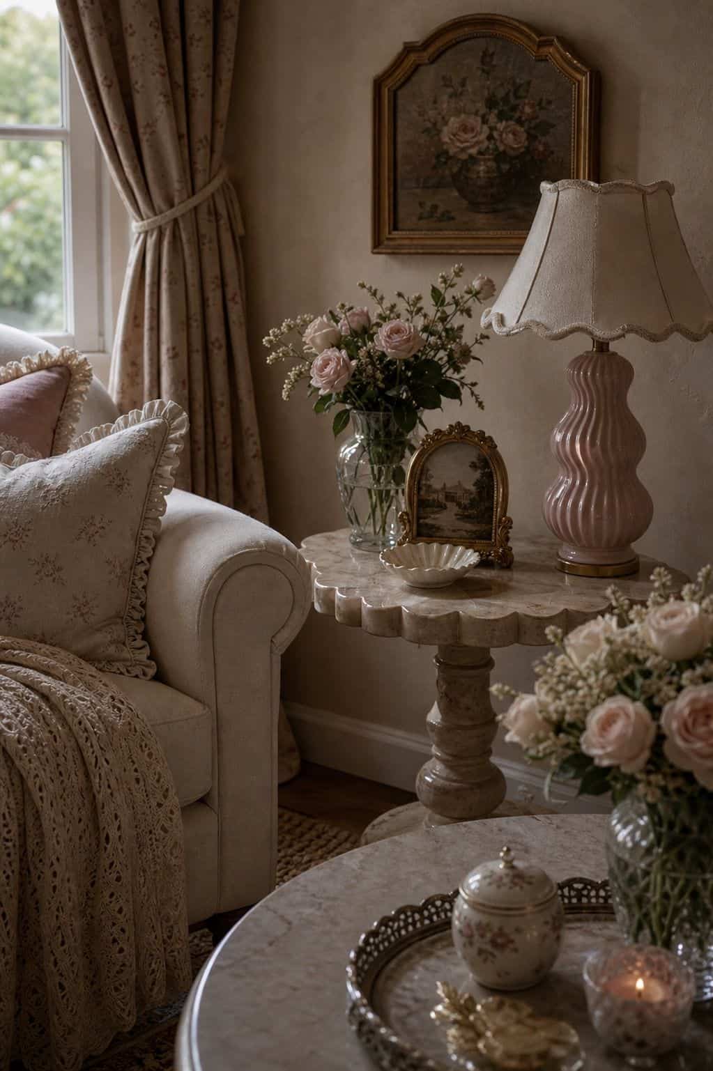 Scalloped edges, a curved picture frame, a wavy lamp base, and rounded chair arms add gentle shape to a blush and ivory coquette living room. The repeated curves keep the room feeling soft and romantic while giving the decor more personality than straight modern lines or overly plain accessories. It helps readers notice shape as a decorating tool, showing that small curved details can soften a room even when the larger furniture pieces are simple or neutral.