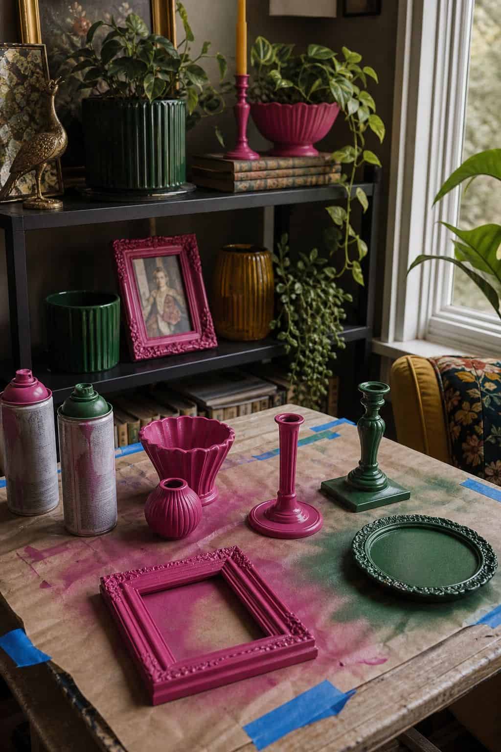 Budget maximalist decor idea showing spray-painted accents in a realistic, lived-in home scene with layered color, vintage texture, and collected pieces that feel affordable rather than showroom perfect. The image supports the post's section 15 by making the cheap styling move look intentional, cozy, and expensive through natural light, tactile materials, and approachable thrifted details. It keeps the idea clear, practical, and easy to imagine in a real home.
