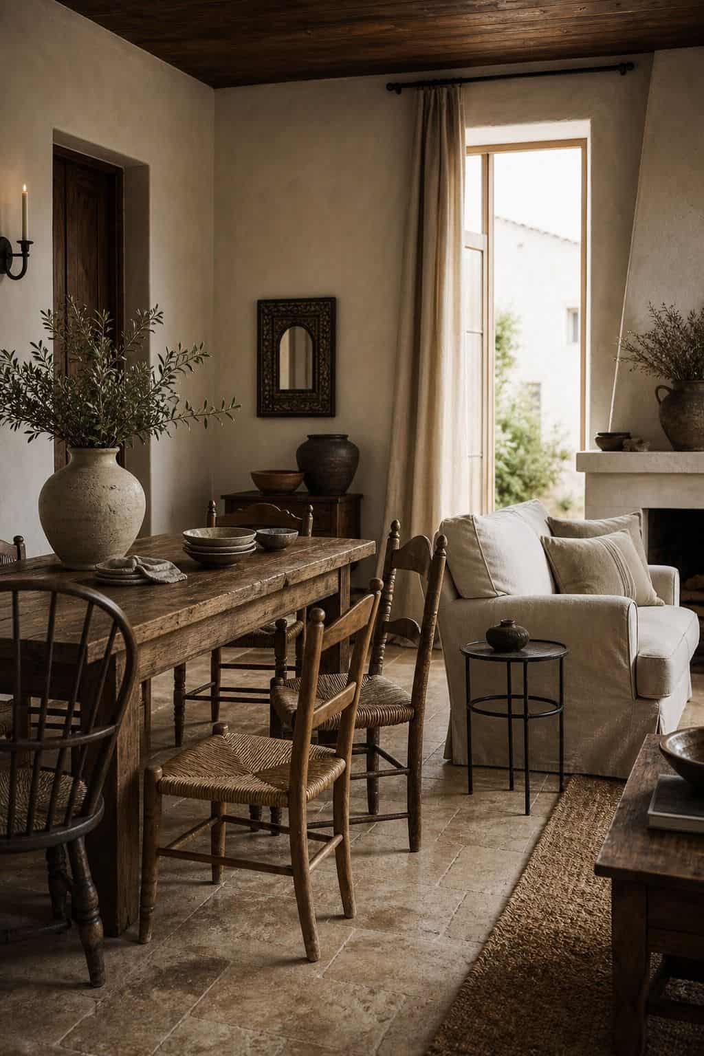 Mediterranean furniture inspiration for the mix-don't-match set, styled in a warm sun-washed home with natural textures, aged wood, linen, terracotta, woven details, and soft daylight. This realistic editorial image supports section 15 of the guide with an inviting lived-in look, showing how the piece can bring relaxed coastal European character, handcrafted warmth, and timeless rustic elegance into a modern room.