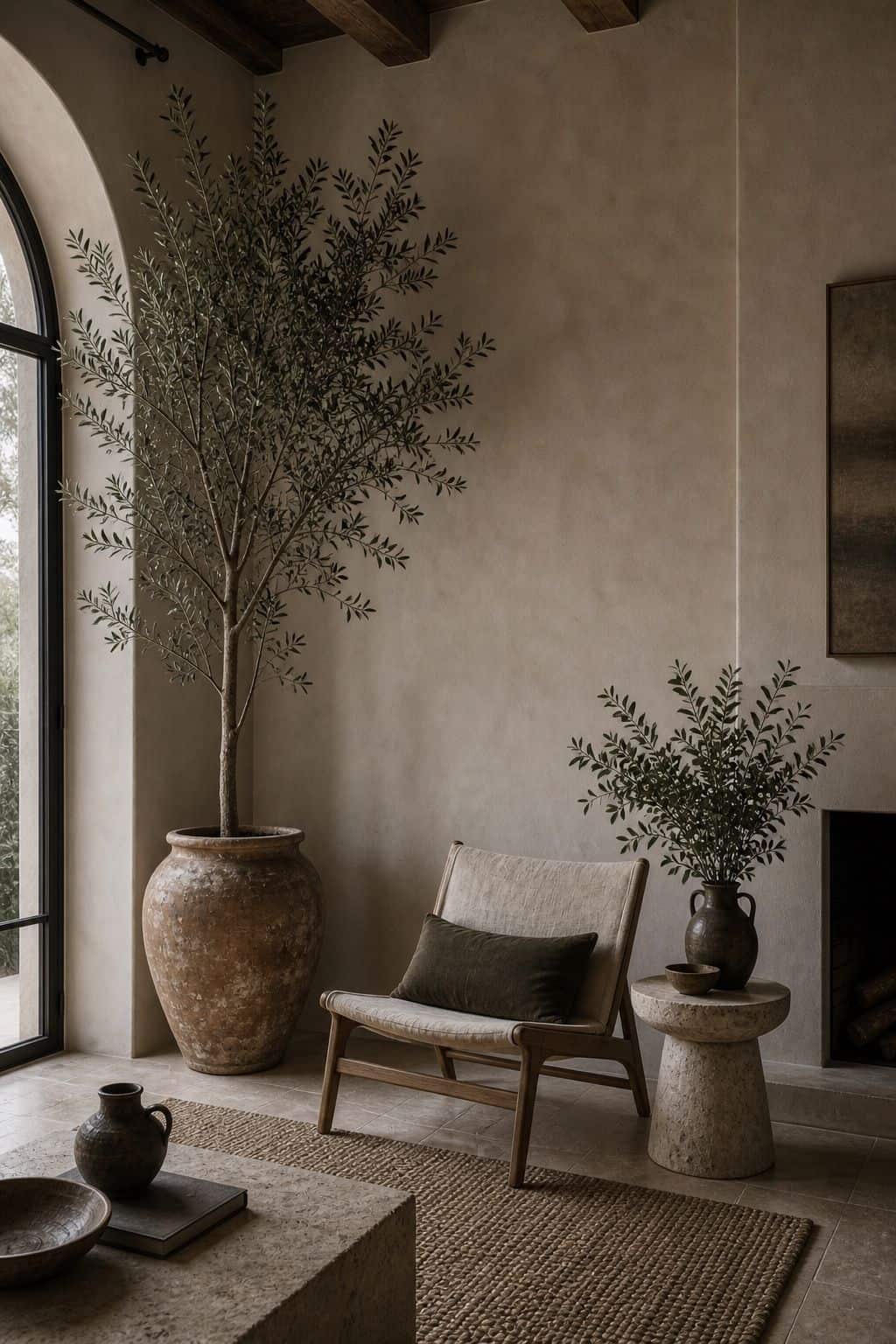 Editorial image for greenery, kept architectural, showing modern Mediterranean room with architectural greenery, tall olive tree in aged terracotta pot, sculptural branch arrangement, plaster wall, stone side table, linen chair, and restrained natural styling in soft natural daylight with realistic texture and relaxed styling. Save this for warm neutral home decor, travertine decor, indoor outdoor living ideas, and modern Mediterranean home decor inspiration when planning a warm, layered.