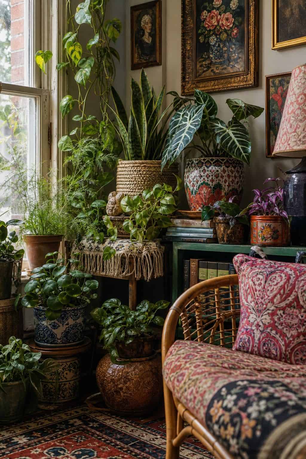 Budget maximalist decor idea showing plants in mixed pots in a realistic, lived-in home scene with layered color, vintage texture, and collected pieces that feel affordable rather than showroom perfect. The image supports the post's section 16 by making the cheap styling move look intentional, cozy, and expensive through natural light, tactile materials, and approachable thrifted details. It keeps the idea clear, practical, and easy to imagine in a real home.