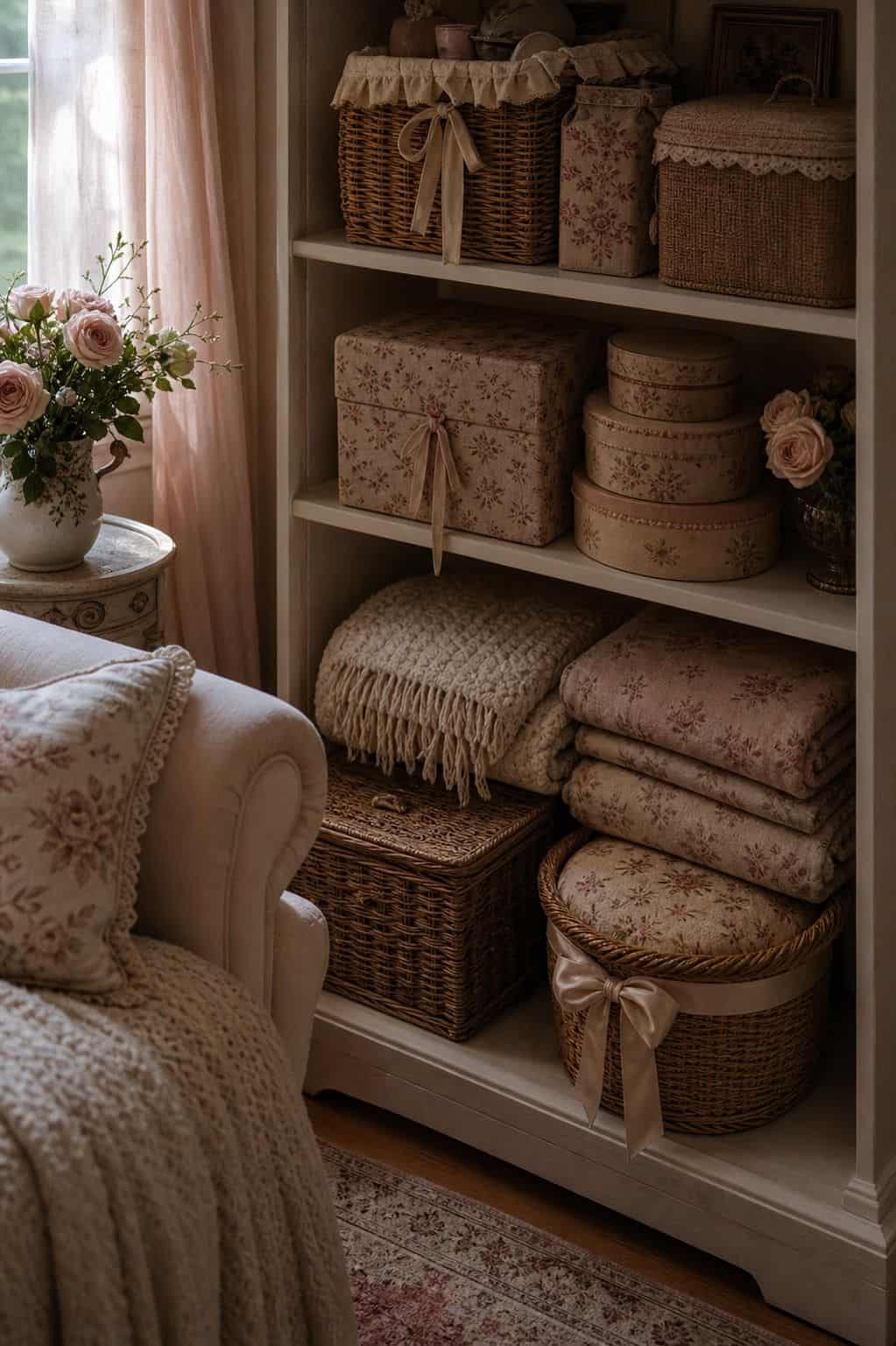 Woven baskets with ribbon details, vintage lidded boxes, and floral fabric storage keep a coquette living room corner organized while still looking decorative. The practical pieces blend with cream and blush styling, proving that storage can support everyday living without breaking the soft romantic mood of the room. It gives readers a useful way to hide blankets, remotes, books, and clutter while keeping the storage itself aligned with a romantic coquette color palette and vintage mood.