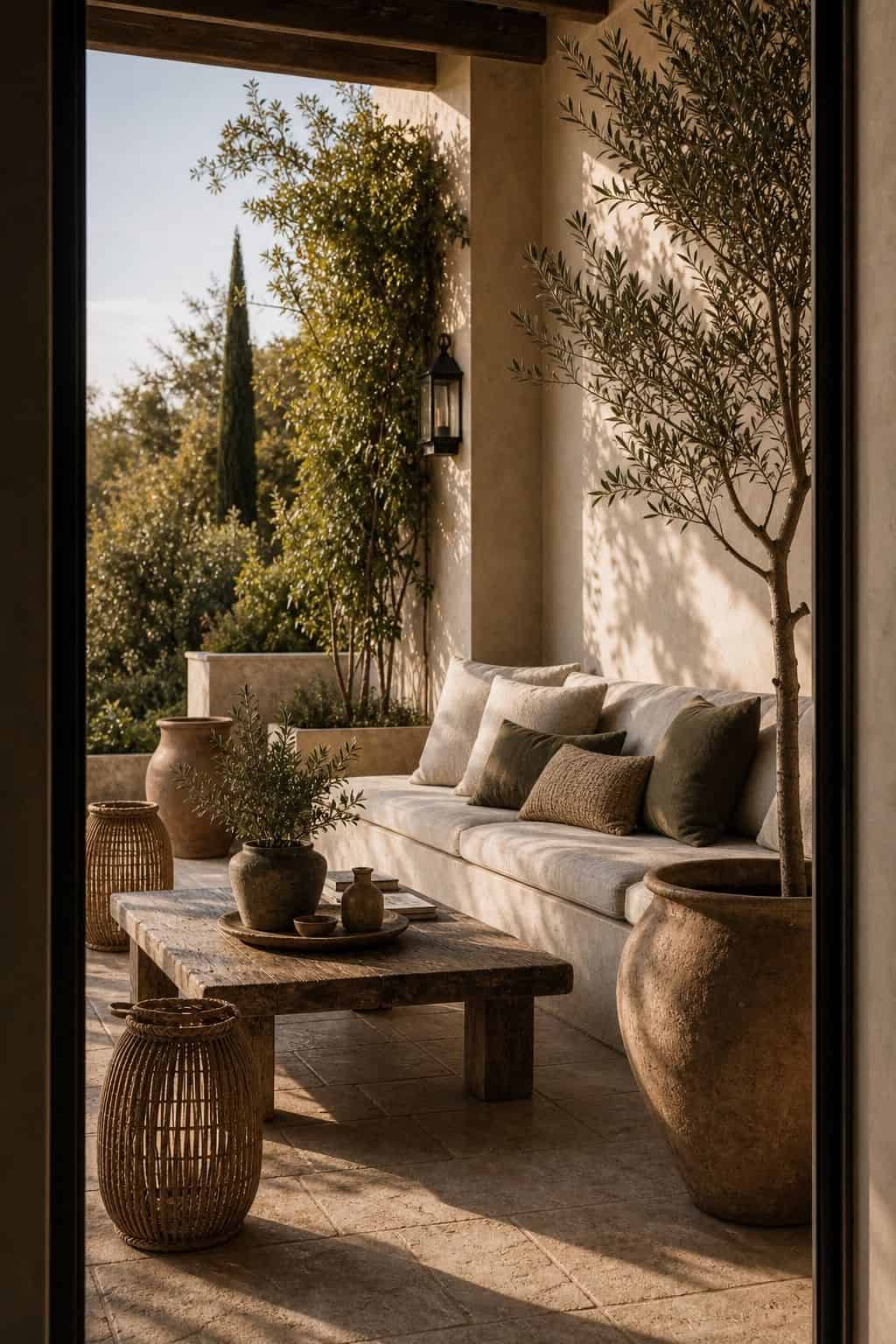 Editorial image for a terrace treated as a room, showing modern Mediterranean terrace styled like an outdoor room with stone floor, linen-cushioned built-in bench, reclaimed wood coffee table, terracotta planters, woven lanterns, and plaster walls in soft natural daylight with realistic texture and relaxed styling. Save this for Mediterranean living room ideas, zellige tile kitchen, architectural greenery, and Mediterranean interior design inspiration when planning a warm, layered home that.