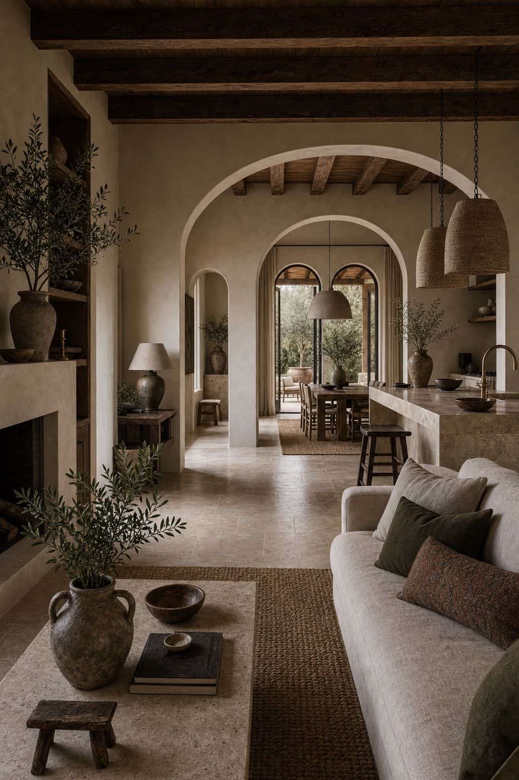 Editorial image for the whole-home material palette, showing modern Mediterranean whole-home interior palette showing plaster walls, warm wood, travertine, linen, jute, black iron, brass accents, ceramic vessels, and cohesive room-to-room material flow in soft natural daylight with realistic texture and relaxed styling. Save this for plaster walls interior, Mediterranean bedroom decor, terracotta decor, and modern Mediterranean decor ideas inspiration when planning a warm, layered home that.