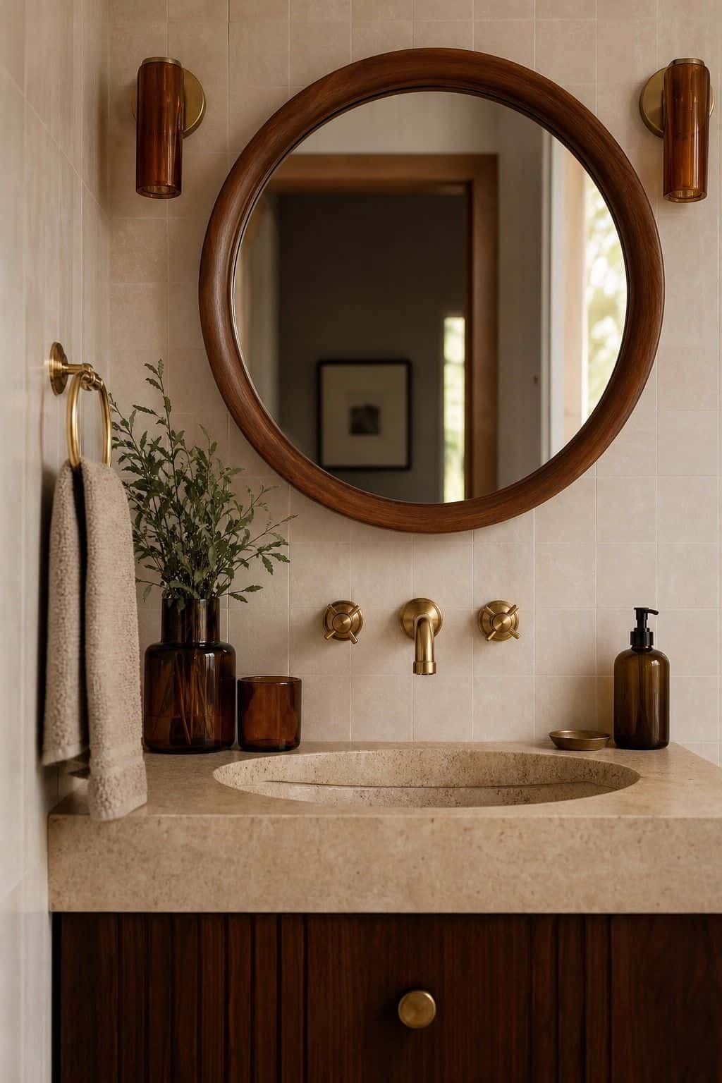 Editorial vertical photo for Pretty Wild World showing a compact vanity with a round walnut mirror, cream tile, brass faucet, amber glass, and soft shadows. The scene illustrates A Round or Oval Mirror as part of a 70s bathroom decor ideas guide, with warm retro color, natural daylight, realistic lived-in styling, textured materials, and a polished but attainable home look. Designed to inspire readers who want vintage bathroom charm without making the room feel dated or overly themed.