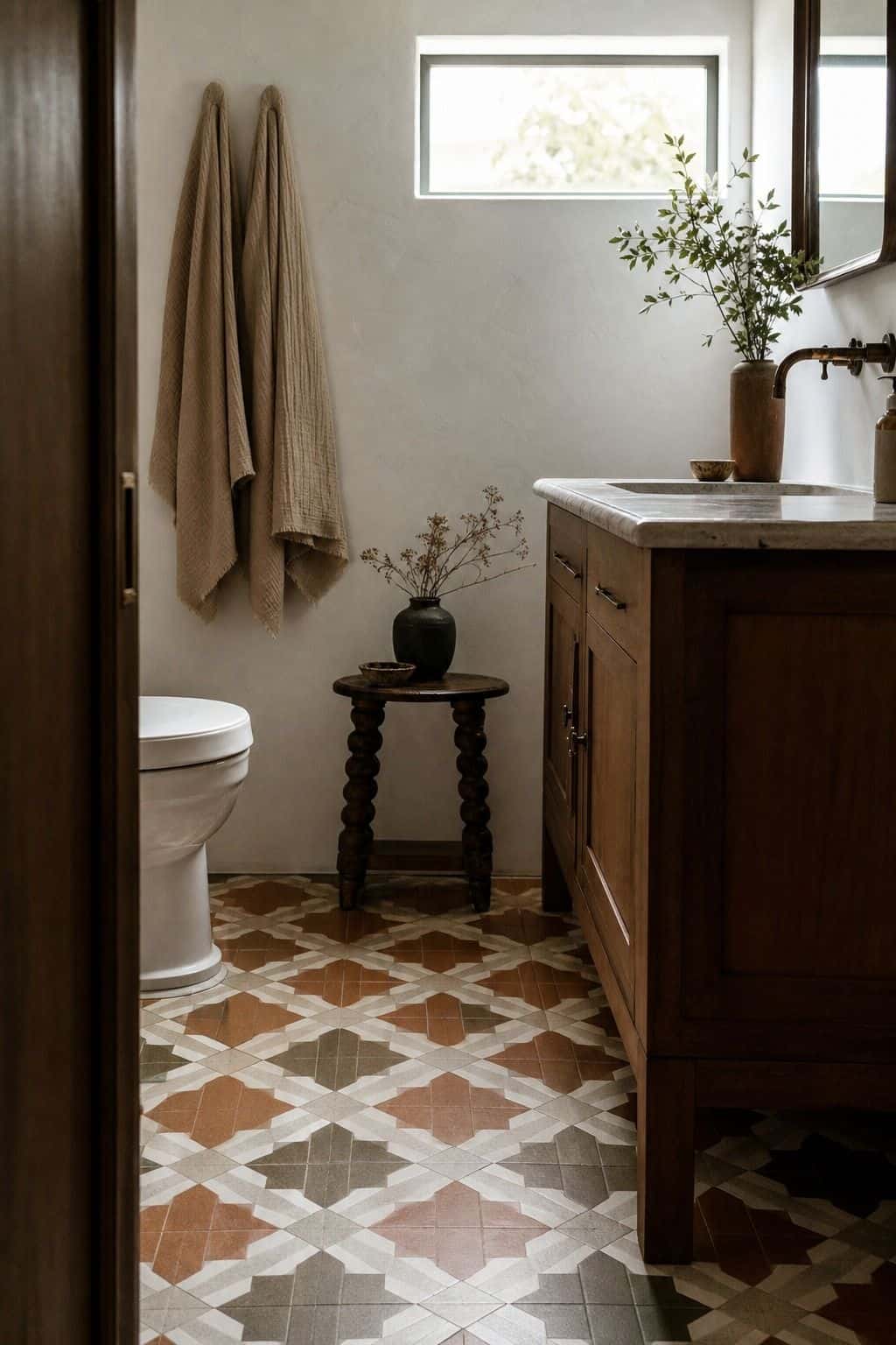 Editorial vertical photo for Pretty Wild World showing a close bathroom view where geometric floor tile in rust, olive, and cream anchors a simple vanity. The scene illustrates Geometric Floor Tile as part of a 70s bathroom decor ideas guide, with warm retro color, natural daylight, realistic lived-in styling, textured materials, and a polished but attainable home look. Designed to inspire readers who want vintage bathroom charm without making the room feel dated or overly themed.