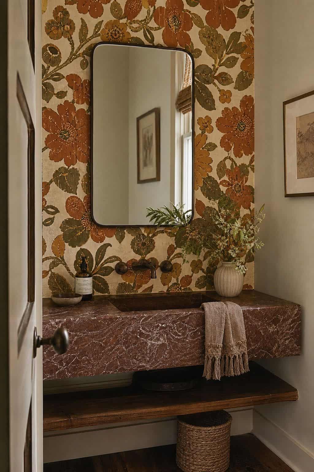 Editorial vertical photo for Pretty Wild World showing a powder room with one bold retro wallpaper wall behind a sink, balanced by restrained vintage fixtures. The scene illustrates A Bold Wallpaper Accent Wall as part of a 70s bathroom decor ideas guide, with warm retro color, natural daylight, realistic lived-in styling, textured materials, and a polished but attainable home look. Designed to inspire readers who want vintage bathroom charm without making the room feel dated or overly themed.