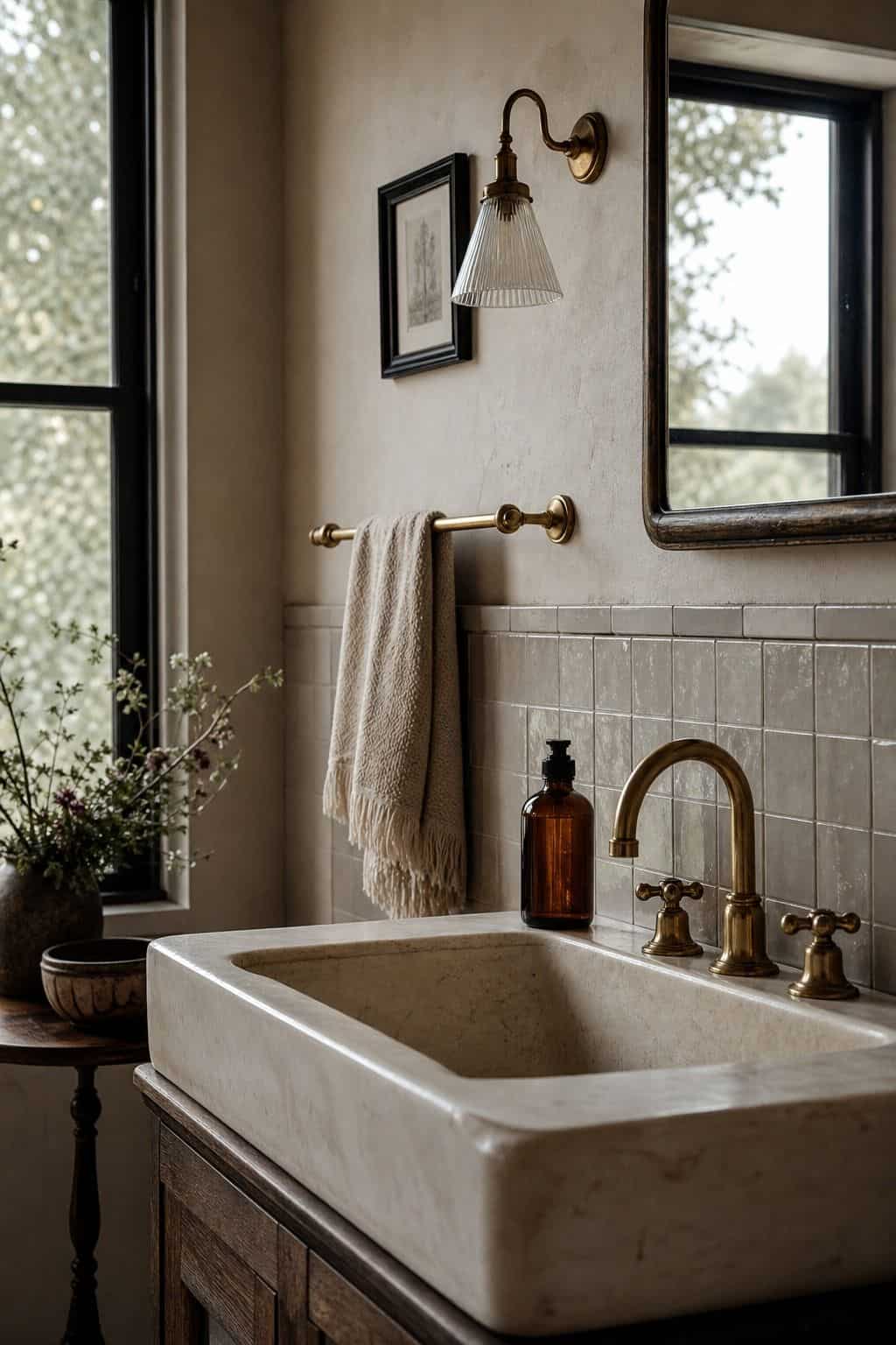 Editorial vertical photo for Pretty Wild World showing brushed brass and gold bathroom fixtures styled with warm stone, ceramic accessories, and quiet retro color. The scene illustrates Brass or Gold Fixtures as part of a 70s bathroom decor ideas guide, with warm retro color, natural daylight, realistic lived-in styling, textured materials, and a polished but attainable home look. Designed to inspire readers who want vintage bathroom charm without making the room feel dated or overly themed.