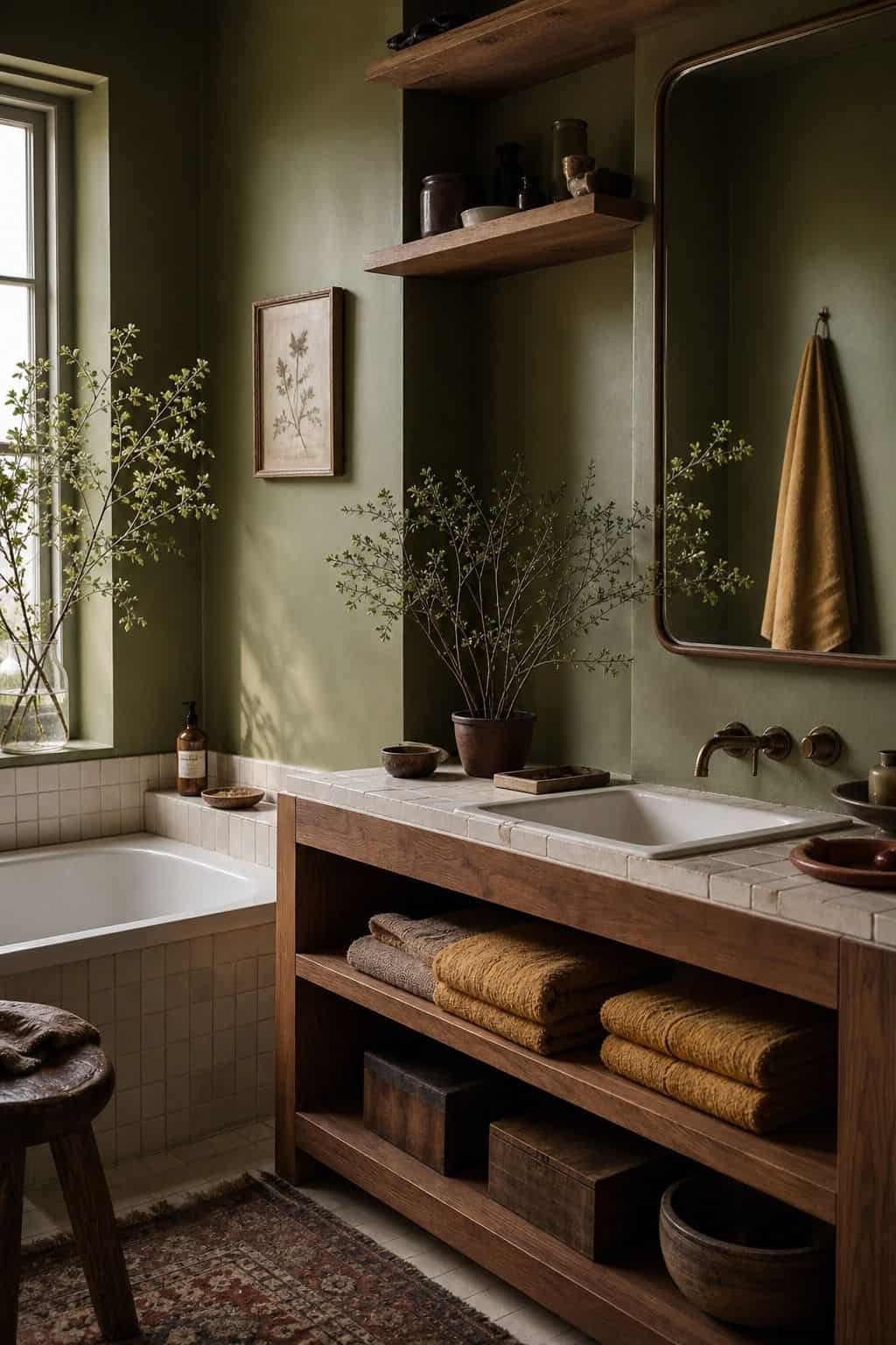Editorial vertical photo for Pretty Wild World showing an avocado green bathroom palette with harvest-gold towels, rust ceramics, cream tile, and natural wood shelving. The scene illustrates earthy 70s paint colors with warm retro color, natural daylight, realistic lived-in styling, textured materials, and a polished but attainable home look for readers who want vintage bathroom charm without making the room feel dated.