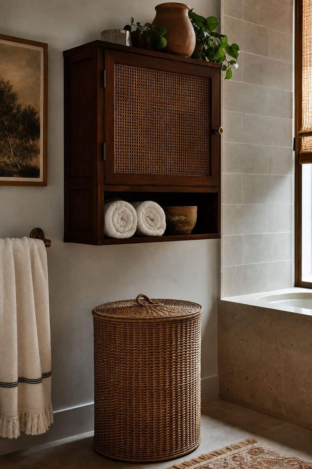 Editorial vertical photo for Pretty Wild World showing rattan and cane storage pieces beside folded towels, warm tile, and small terracotta details. The scene illustrates Rattan and Cane Storage as part of a 70s bathroom decor ideas guide, with warm retro color, natural daylight, realistic lived-in styling, textured materials, and a polished but attainable home look. Designed to inspire readers who want vintage bathroom charm without making the room feel dated or overly themed.