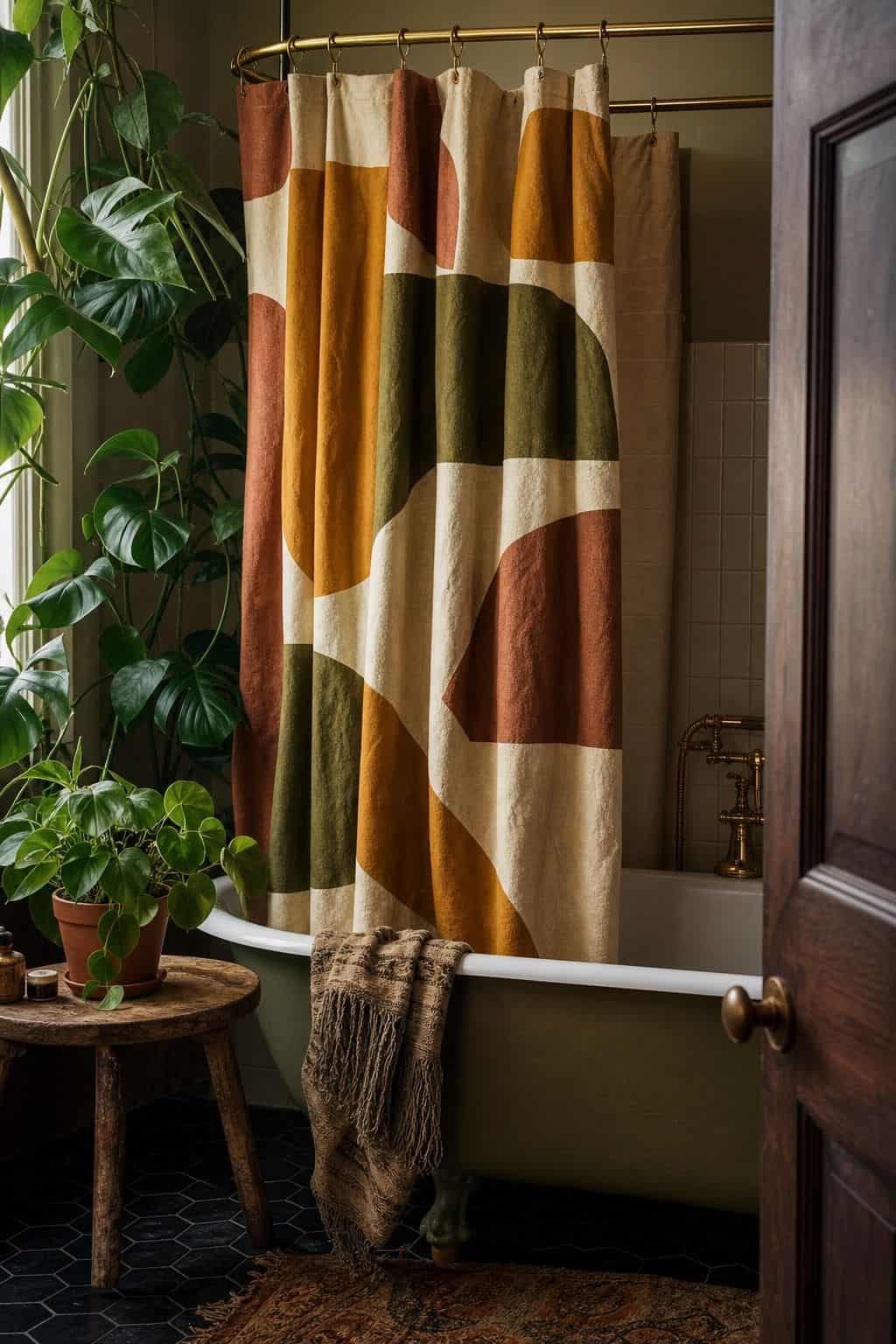 Editorial vertical photo for Pretty Wild World showing a bathtub with a patterned retro shower curtain, brass rings, leafy greenery, and earthy 70s colors. The scene illustrates A Patterned Shower Curtain as part of a 70s bathroom decor ideas guide, with warm retro color, natural daylight, realistic lived-in styling, textured materials, and a polished but attainable home look. Designed to inspire readers who want vintage bathroom charm without making the room feel dated or overly themed.