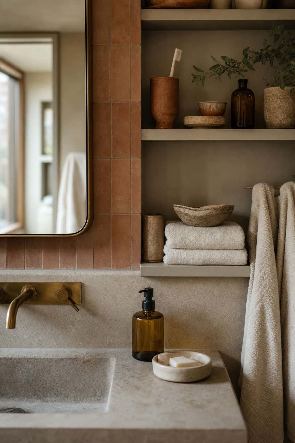 Editorial vertical photo for Pretty Wild World showing terracotta cups, handmade ceramic dishes, amber glass, cream towels, and muted tile arranged on a bathroom shelf and vanity. The scene illustrates 70s bathroom accessories with warm retro color, natural daylight, realistic lived-in styling, textured materials, and a polished but attainable home look for readers saving vintage bathroom inspiration.