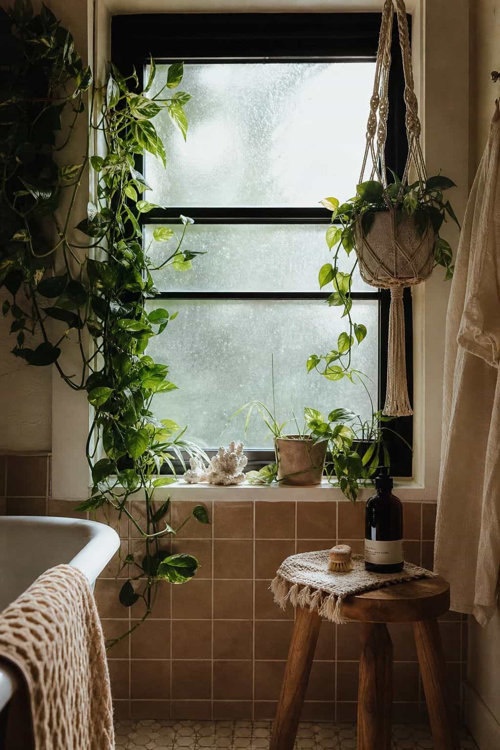 Editorial vertical photo for Pretty Wild World showing trailing plants and a macrame hanger near a bathroom window with walnut accents and humid natural light. The scene illustrates Trailing Plants and Macrame as part of a 70s bathroom decor ideas guide, with warm retro color, natural daylight, realistic lived-in styling, textured materials, and a polished but attainable home look. Designed to inspire readers who want vintage bathroom charm without making the room feel dated or overly themed.