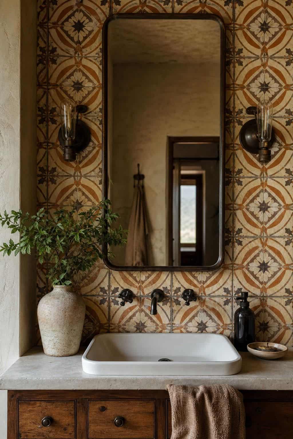 Editorial vertical photo for Pretty Wild World showing decorative handmade-style tile framing a bathroom sink and mirror in earthy orange, cream, and brown tones. The scene illustrates retro tile as part of a 70s bathroom decor guide, with natural daylight, realistic lived-in styling, textured materials, and a polished but attainable home look for readers who want vintage bathroom charm. It keeps the look cozy and practical.