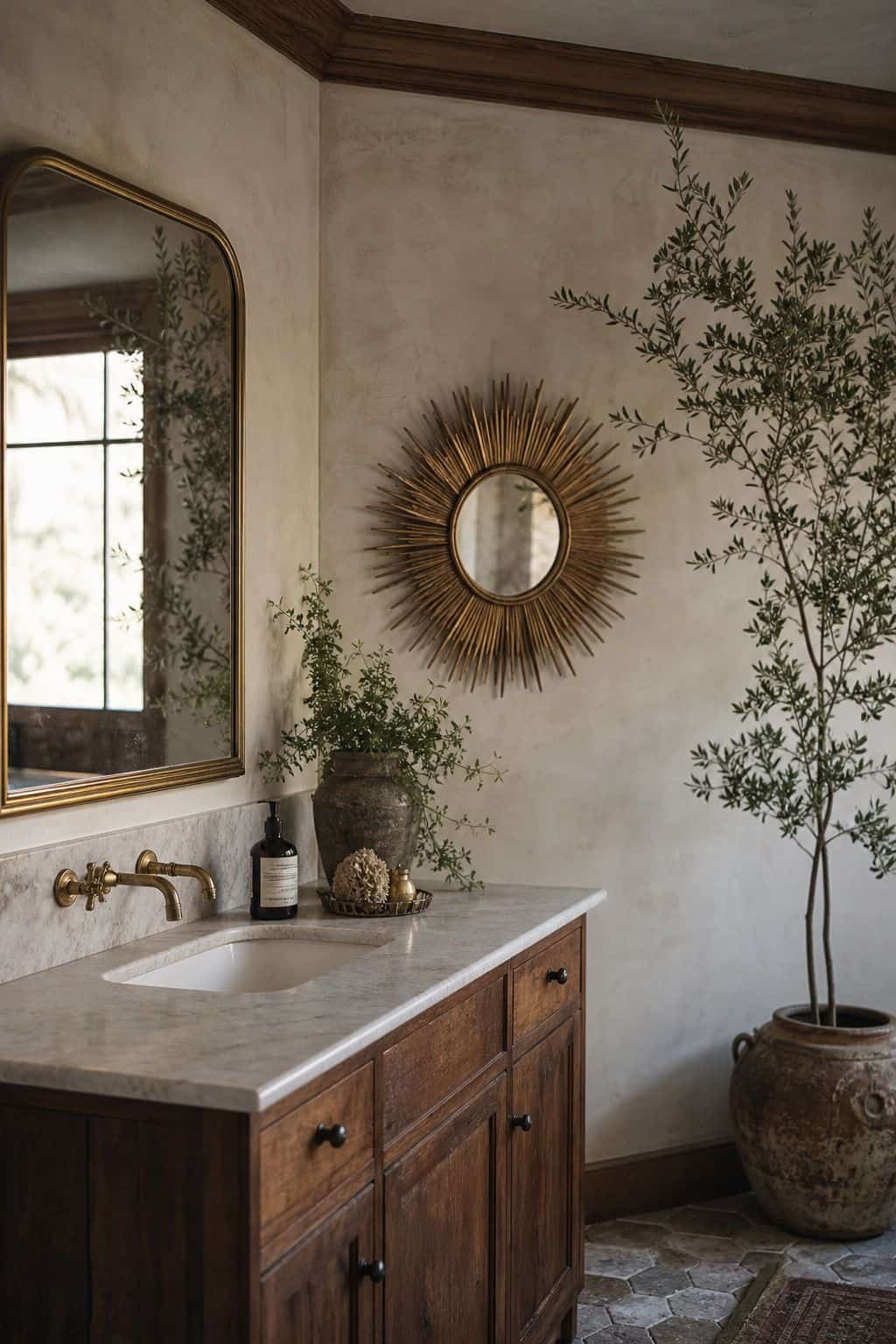 Editorial vertical photo for Pretty Wild World showing a brass sunburst accent mirror displayed as a second mirror near a main vanity mirror, warm wood decor, plants, and creamy plaster. The scene illustrates a 70s bathroom mirror idea with natural daylight, realistic lived-in styling, textured materials, and a polished but attainable home look for readers saving vintage bathroom inspiration. It feels collected, cozy, and practical.