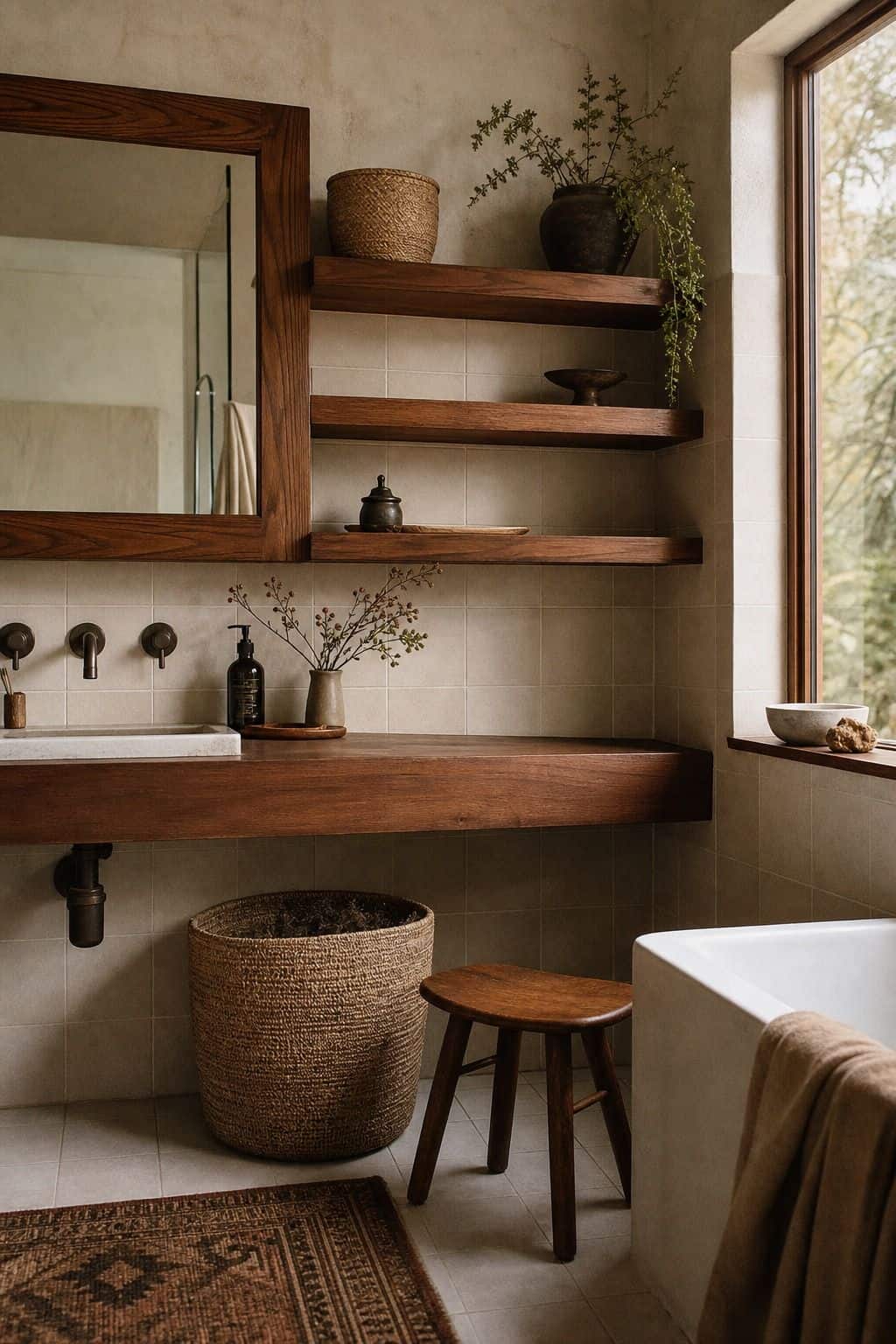 Editorial vertical photo for Pretty Wild World showing warm walnut shelves, a teak stool, woven storage, and a wood mirror frame softening a clean bathroom. The scene illustrates Warm Wood Accents as part of a 70s bathroom decor ideas guide, with warm retro color, natural daylight, realistic lived-in styling, textured materials, and a polished but attainable home look. Designed to inspire readers who want vintage bathroom charm without making the room feel dated or overly themed.