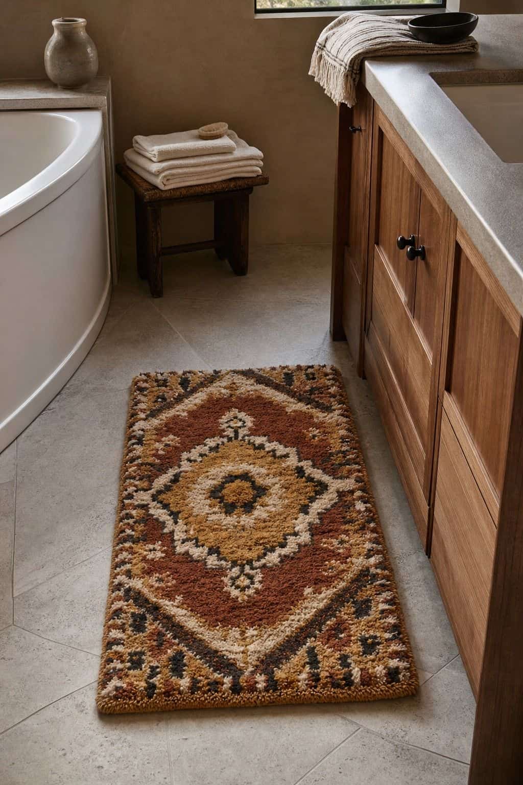 Editorial vertical photo for Pretty Wild World showing a plush patterned bath mat in rust and mustard tones on tile beside a wood vanity and folded towels. The scene illustrates A Patterned or Shag-Style Bath Mat as part of a 70s bathroom decor ideas guide, with warm retro color, natural daylight, realistic lived-in styling, textured materials, and a polished but attainable home look. Designed to inspire readers who want vintage bathroom charm without making the room feel dated or overly themed.
