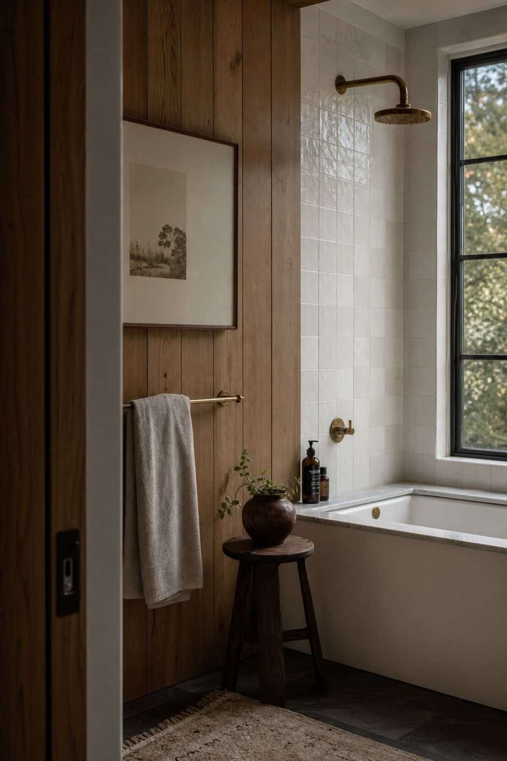 Editorial vertical photo for Pretty Wild World showing light walnut paneling used on one partial wall so the bathroom feels retro, warm, and still fresh. The scene illustrates Wood Paneling, Used Lightly as part of a 70s bathroom decor ideas guide, with warm retro color, natural daylight, realistic lived-in styling, textured materials, and a polished but attainable home look. Designed to inspire readers who want vintage bathroom charm without making the room feel dated or overly themed.