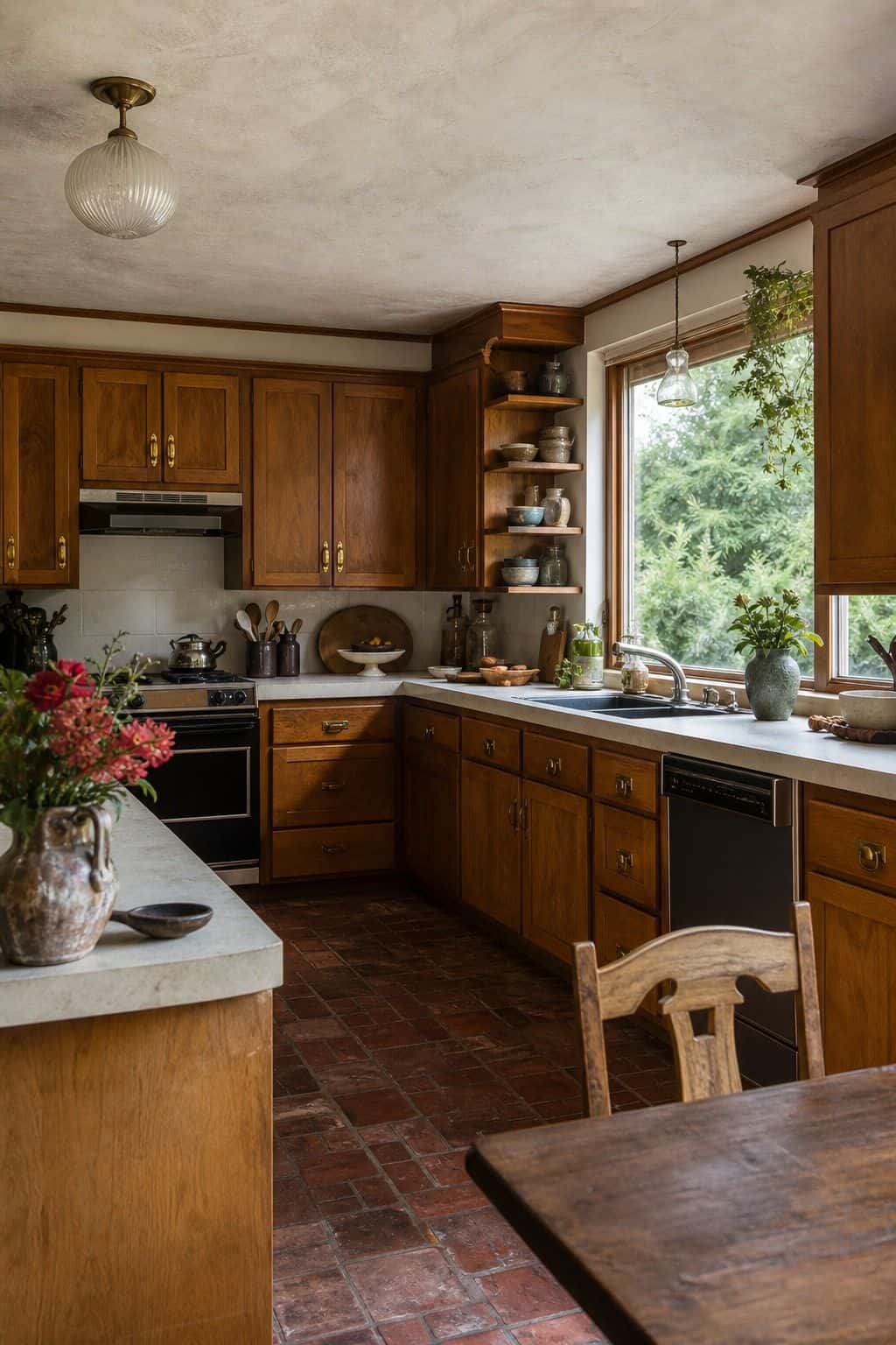 1. Warm Wood Cabinets for a 70s kitchen decor ideas article, shown as realistic editorial interior photography with a retro kitchen with warm honey wood cabinets, visible grain, brass pulls, creamy counters, vintage ceramics, and a lived-in family-home atmosphere. The image highlights warm retro color, tactile vintage materials, layered pattern, and practical kitchen styling while still feeling lived in and attainable. Soft natural daylight, imperfect surfaces, nostalgic details, and believable
