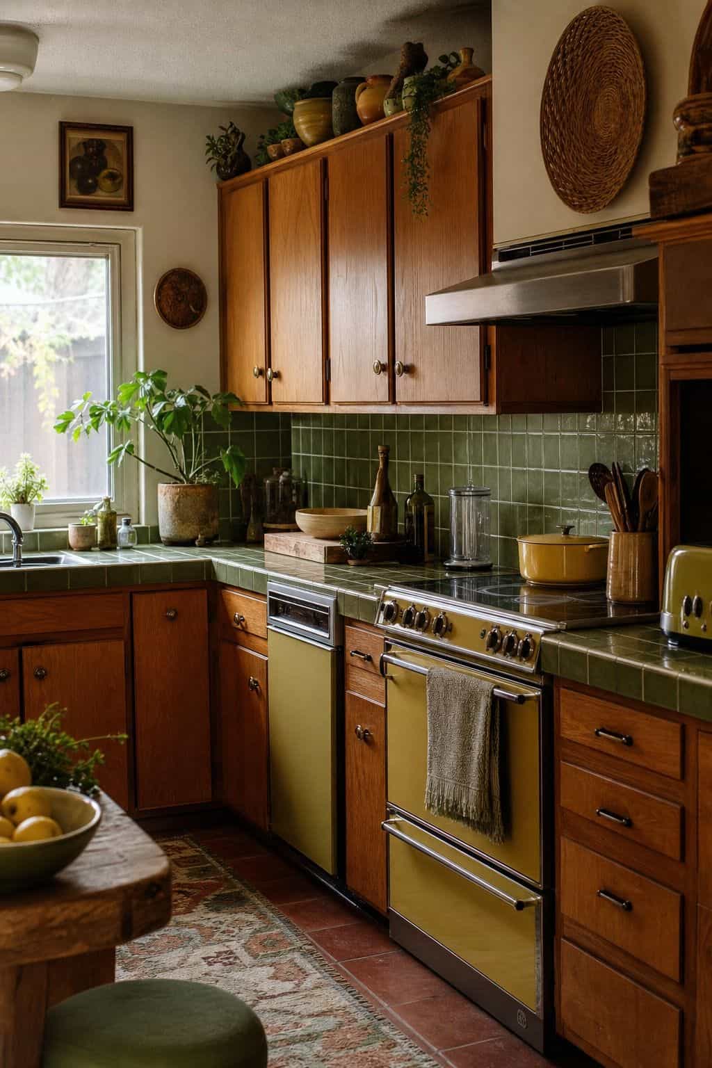 2. Harvest Gold or Avocado Accents for a 70s kitchen decor ideas article, shown as realistic editorial interior photography with a cozy 1970s-inspired kitchen featuring harvest gold and avocado green accents across small appliances, tile, ceramics, towels, and decor. The image highlights warm retro color, tactile vintage materials, layered pattern, and practical kitchen styling while still feeling lived in and attainable. Soft natural daylight, imperfect surfaces, nostalgic details, and believa
