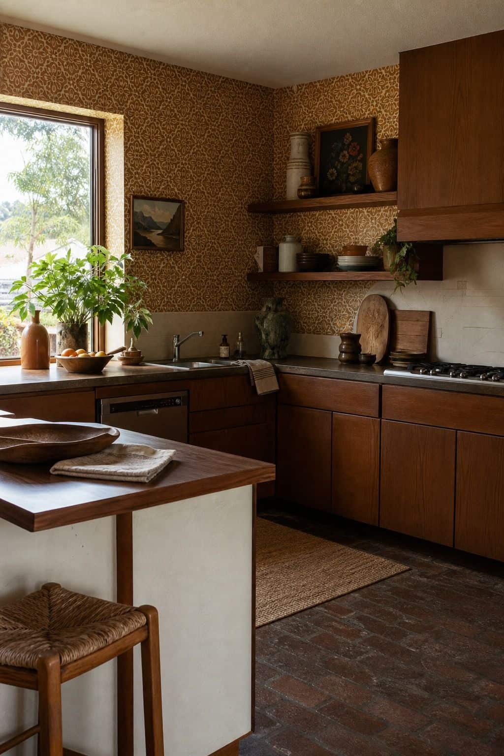 3. Geometric or Floral Wallpaper for a 70s kitchen decor ideas article, shown as realistic editorial interior photography with a 1970s kitchen with geometric or floral wallpaper in warm earth tones, paired with wood cabinets, simple shelves, ceramics, and cozy daylight. The image highlights warm retro color, tactile vintage materials, layered pattern, and practical kitchen styling while still feeling lived in and attainable. Soft natural daylight, imperfect surfaces, nostalgic details, and beli