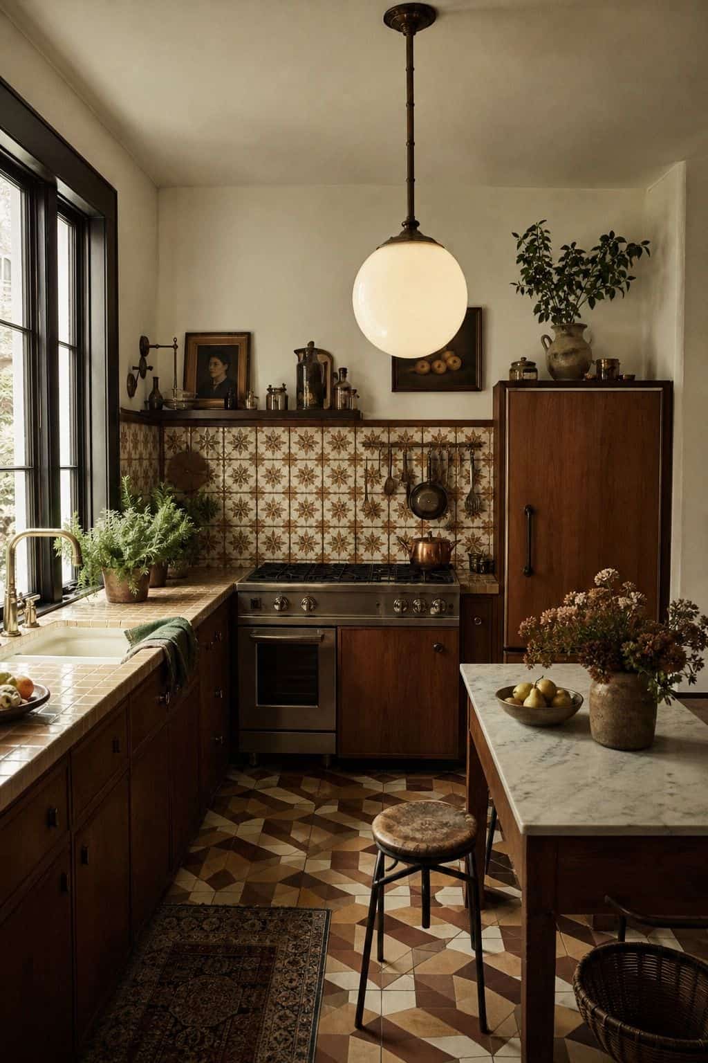 4. A Globe or Pendant Light for a 70s kitchen decor ideas article, shown as realistic editorial interior photography with a retro kitchen centered on a globe or pendant light fixture glowing softly above warm counters, wood cabinetry, patterned tile, and period-inspired decor. The image highlights warm retro color, tactile vintage materials, layered pattern, and practical kitchen styling while still feeling lived in and attainable. Soft natural daylight, imperfect surfaces, nostalgic details, a