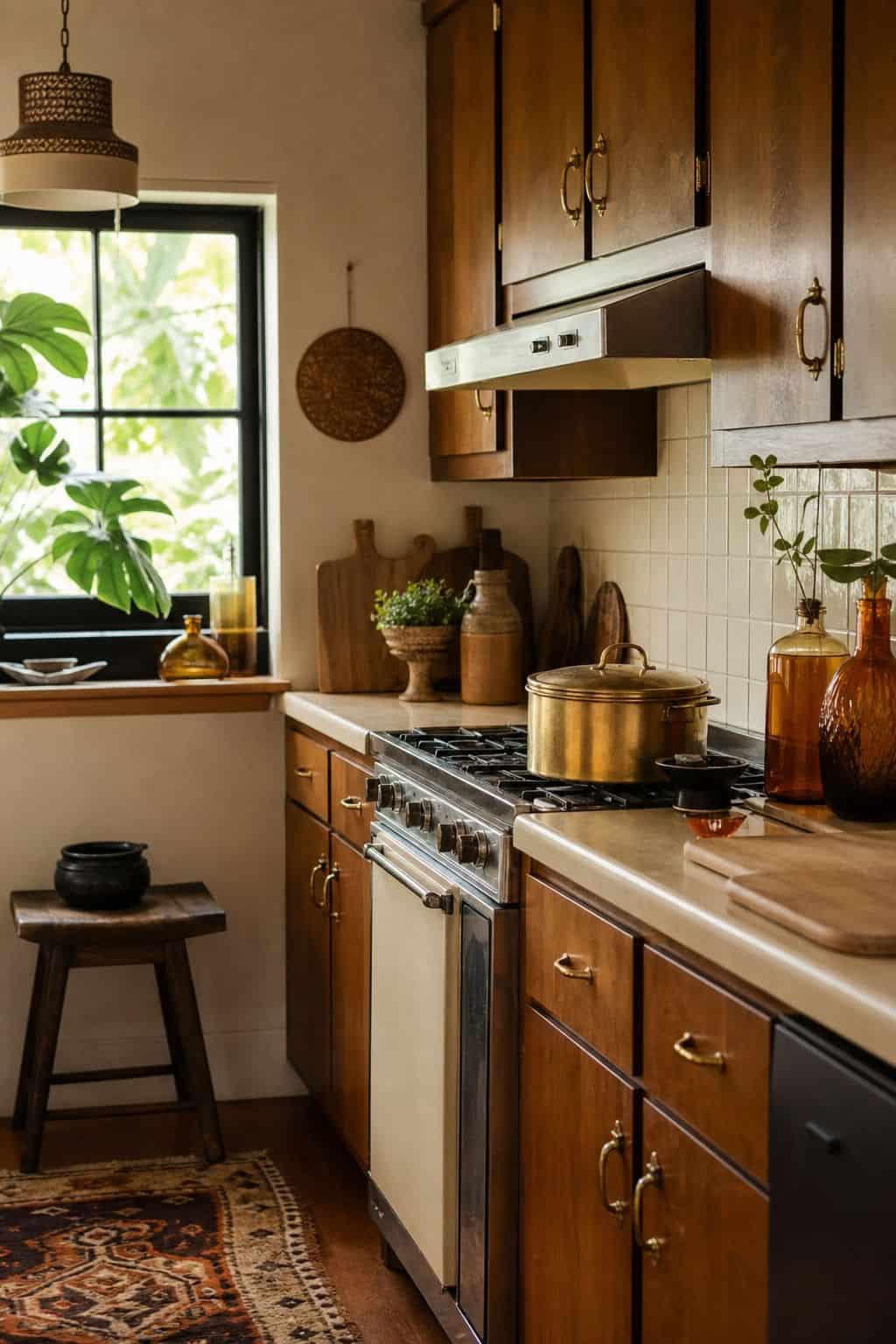 5. Brass Hardware for a 70s kitchen decor ideas article, shown as realistic editorial interior photography with a warm retro kitchen with aged brass cabinet hardware, simple wood doors, creamy counters, amber glass, vintage cookware, and richly textured seventies-inspired accents. The image highlights warm retro color, tactile vintage materials, layered pattern, and practical kitchen styling while still feeling lived in and attainable. Soft natural daylight, imperfect surfaces, nostalgic detail