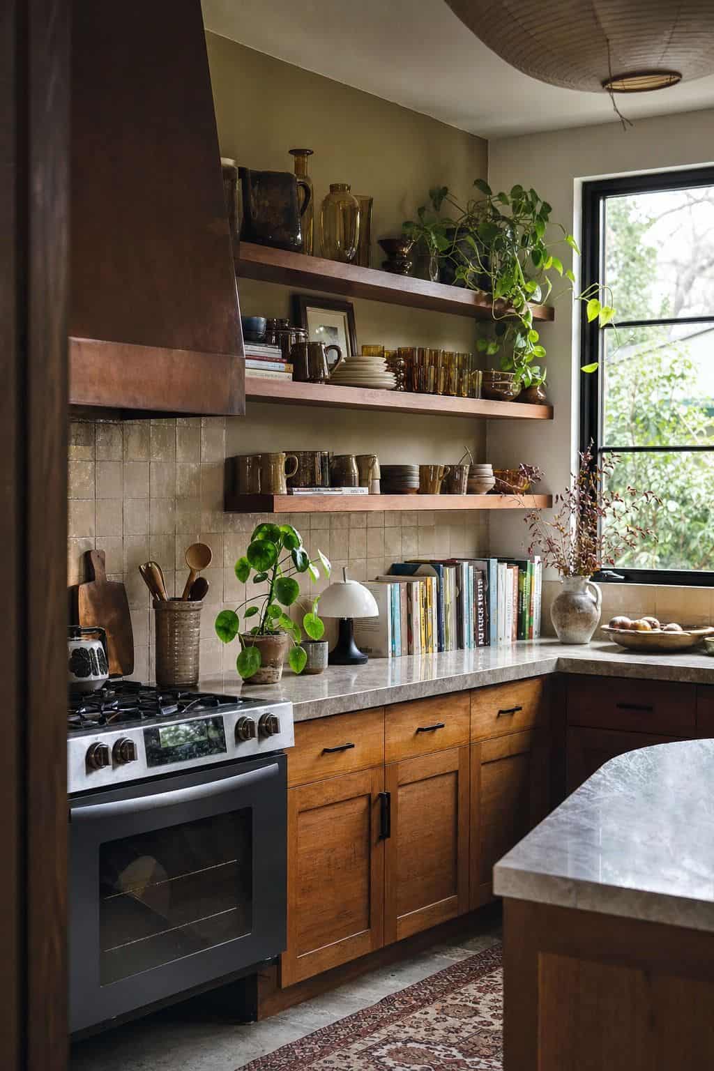 6. Open Shelving With Vintage Glassware for a 70s kitchen decor ideas article, shown as realistic editorial interior photography with a 70s-inspired kitchen with open shelving styled with amber glassware, vintage mugs, stoneware, cookbooks, plants, and warm wood details. The image highlights warm retro color, tactile vintage materials, layered pattern, and practical kitchen styling while still feeling lived in and attainable. Soft natural daylight, imperfect surfaces, nostalgic details, and bel