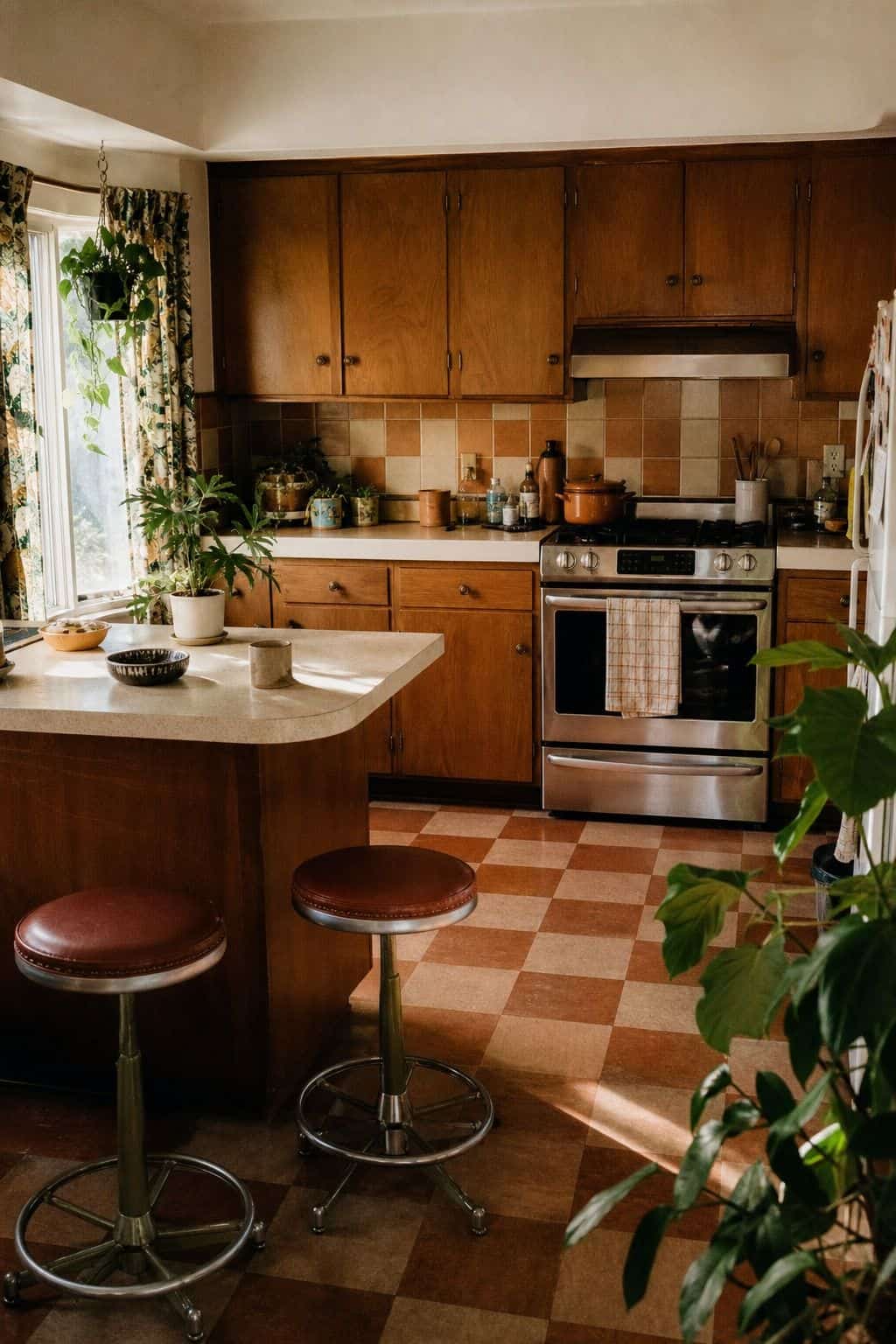 7. A Terracotta or Checkerboard Floor for a 70s kitchen decor ideas article, shown as realistic editorial interior photography with a 70s kitchen with a terracotta or checkerboard floor, warm wood cabinetry, retro stools, plants, patterned curtains, and sunlit everyday kitchen details. The image highlights warm retro color, tactile vintage materials, layered pattern, and practical kitchen styling while still feeling lived in and attainable. Soft natural daylight, imperfect surfaces, nostalgic d