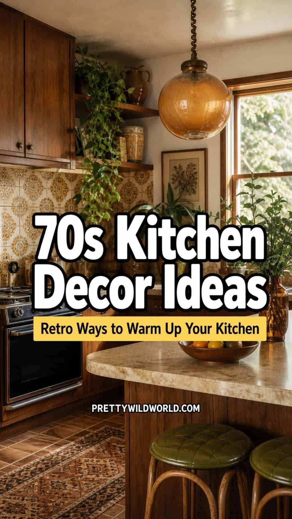 Pinterest pin for 70s Kitchen Decor Ideas, designed with one realistic retro kitchen hero image and a centered title about warm seventies kitchen style. The graphic is made for Pretty Wild World readers saving ideas for earthy color palettes, wood cabinets, checkerboard floors, vintage lighting, patterned wallpaper, retro appliances, and cozy nostalgic details. Clear branding and a sunshine yellow subtitle bar make it easy to recognize and share. The layout keeps the kitchen visible while makin