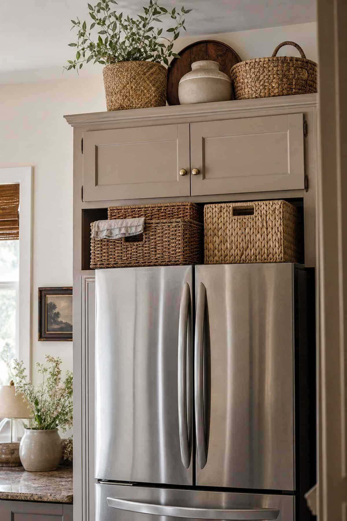Organize with Decorative Baskets or Storage Bins shown as a realistic Pretty Wild World image for 15 Above Fridge Storage and Decor Ideas for a More Curated Home Aesthetic.