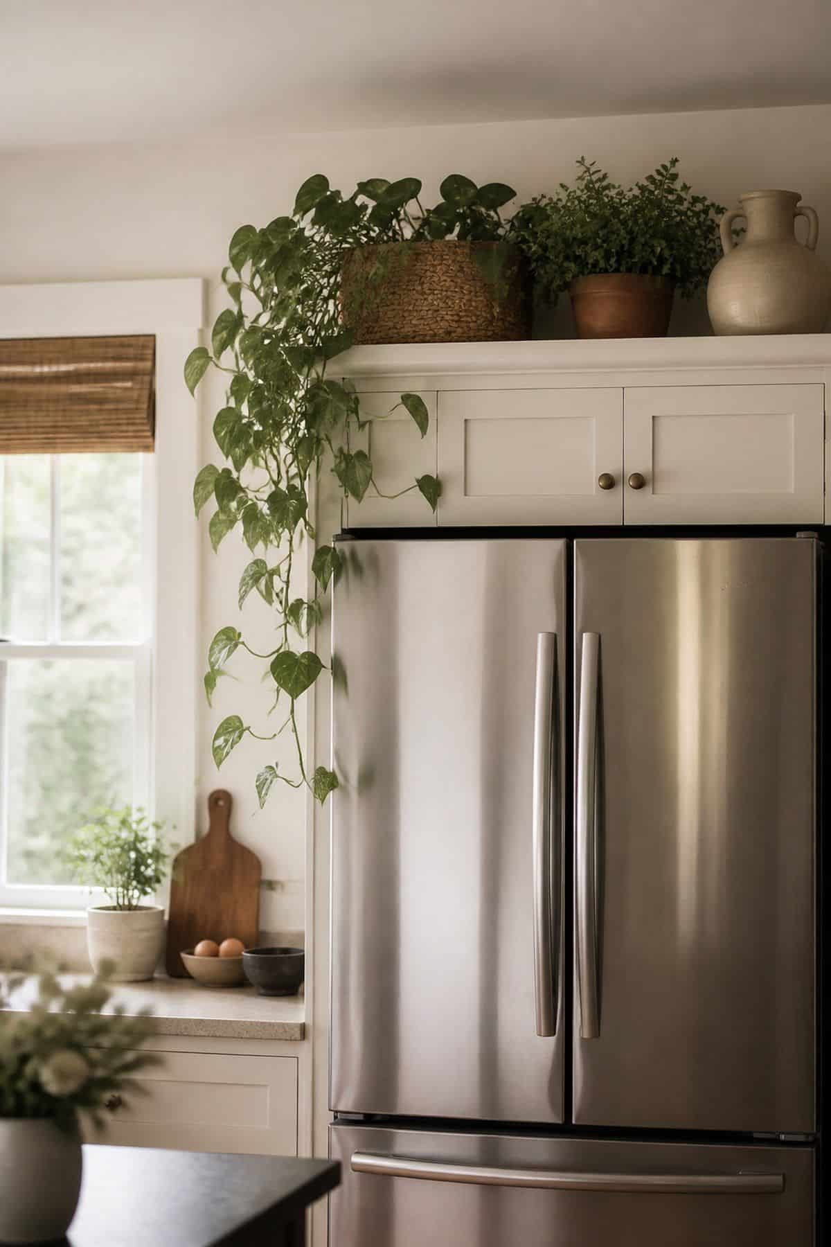 Add a Touch of Greenery with Real or Faux Plants shown as a realistic Pretty Wild World image for 15 Above Fridge Storage and Decor Ideas for a More Curated Home Aesthetic.